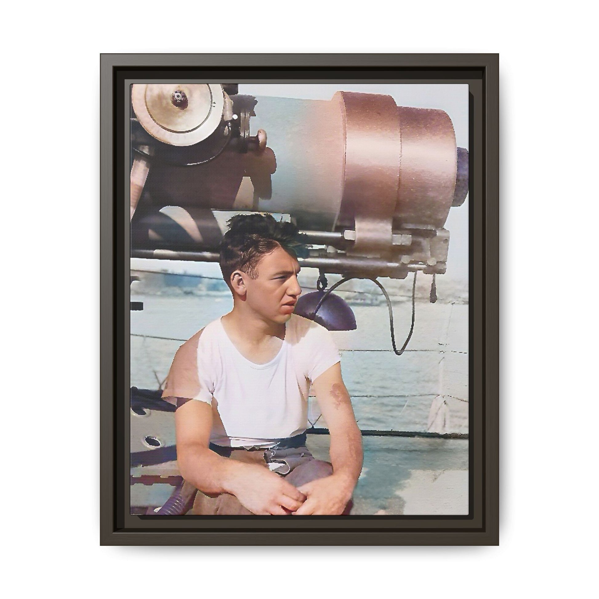 A restored vintage portrait of Harvey aboard the USS Oklahoma (BB-37). This framed matte canvas honors naval history, resilience, and service. Battleship Photo