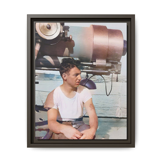A restored vintage portrait of Harvey aboard the USS Oklahoma (BB-37). This framed matte canvas honors naval history, resilience, and service. Battleship Photo