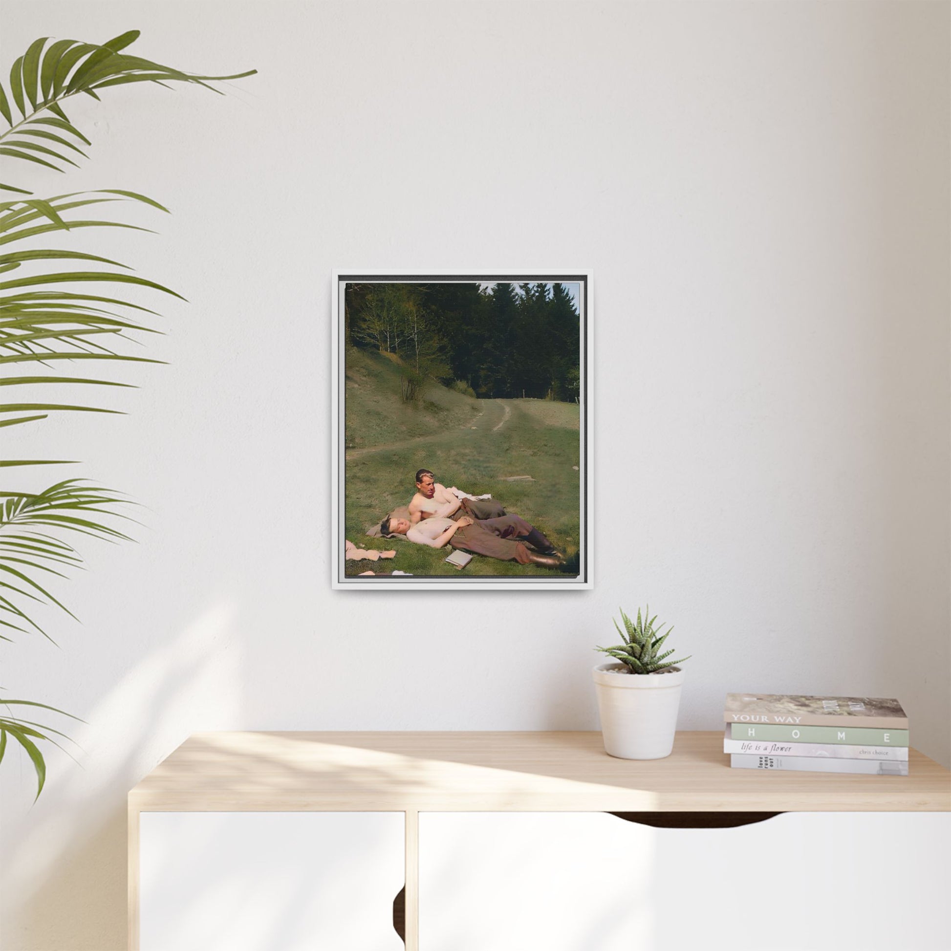 A framed vintage portrait on matte canvas featuring Anthony and Claude in the Belluno Dolomites, capturing nature, serenity, and timeless connection. Gay Couple, LGBTQ Soldiers