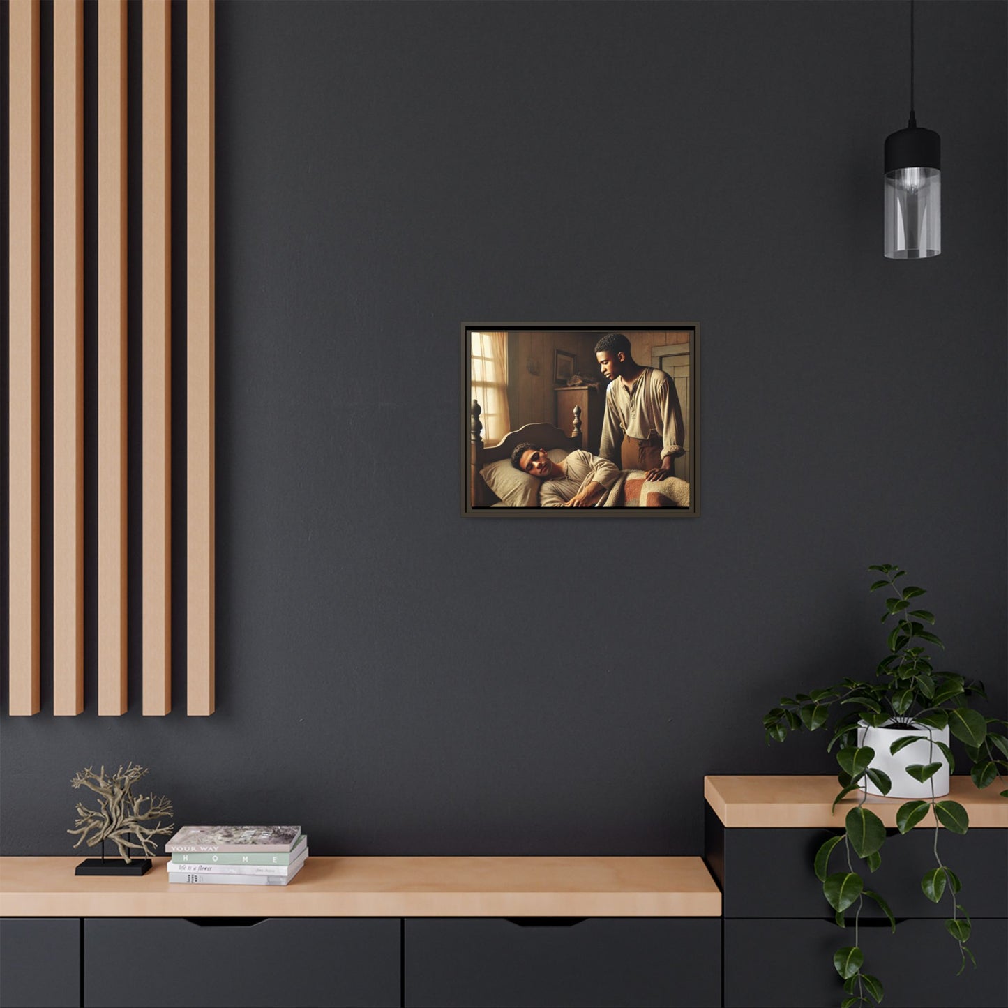 Grant 007 artwork depicting an African-American queer couple in a tender, intimate moment within a rustic bedroom. This scene, bathed in warm, nostalgic light, captures the love and quiet resilience of rural life, celebrating LGBTQ+ representation and African-American heritage.