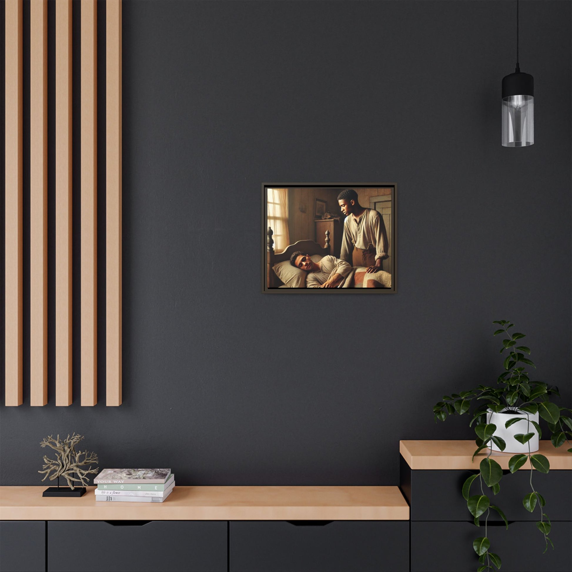 Grant 007 artwork depicting an African-American queer couple in a tender, intimate moment within a rustic bedroom. This scene, bathed in warm, nostalgic light, captures the love and quiet resilience of rural life, celebrating LGBTQ+ representation and African-American heritage.