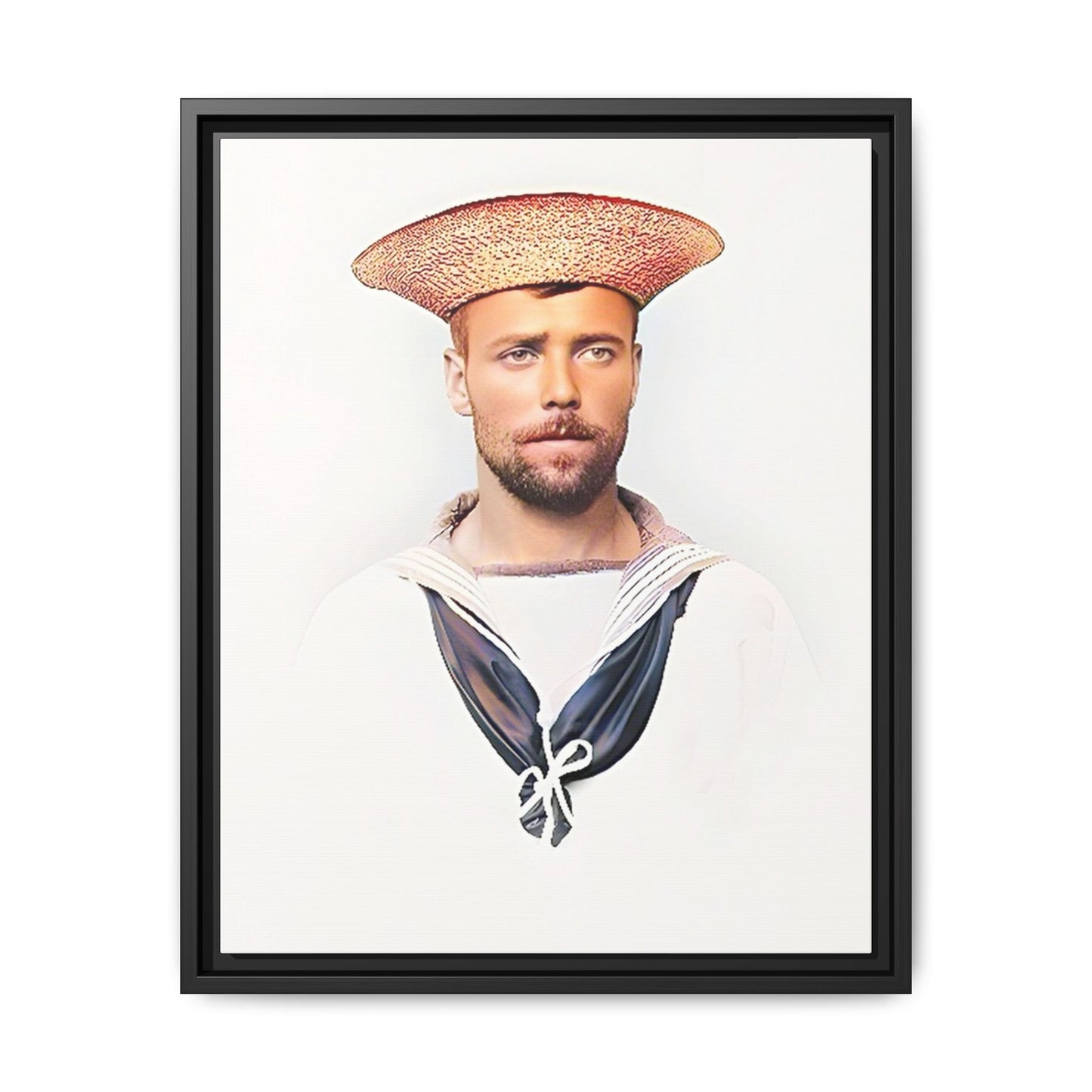 A restored vintage portrait of Elijah, a British sailor in Weihaiwei, China. This framed matte canvas honors naval history, tradition, and duty.