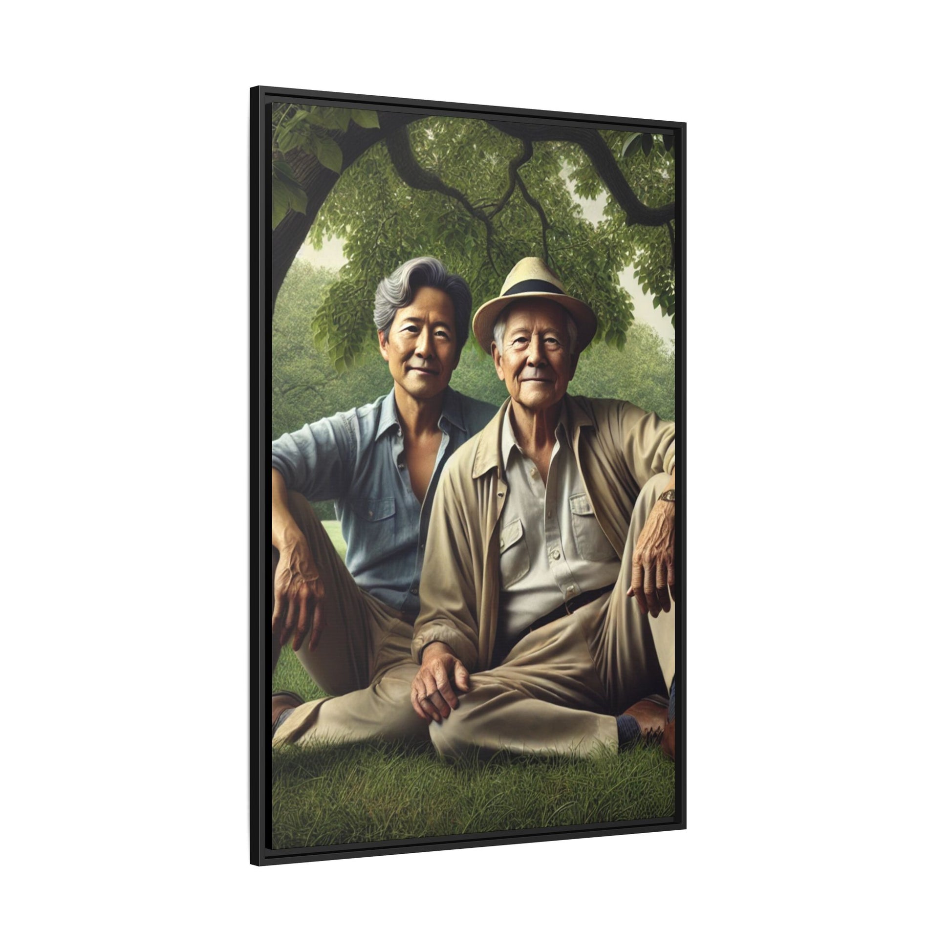 Hyper-realistic painting of an elderly Asian-American gay couple in 1930s attire under a leafy tree, celebrating love and resilience.