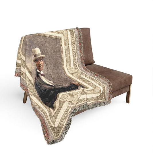 Historical portrait blanket featuring an African American man in bow tie before a studio backdrop