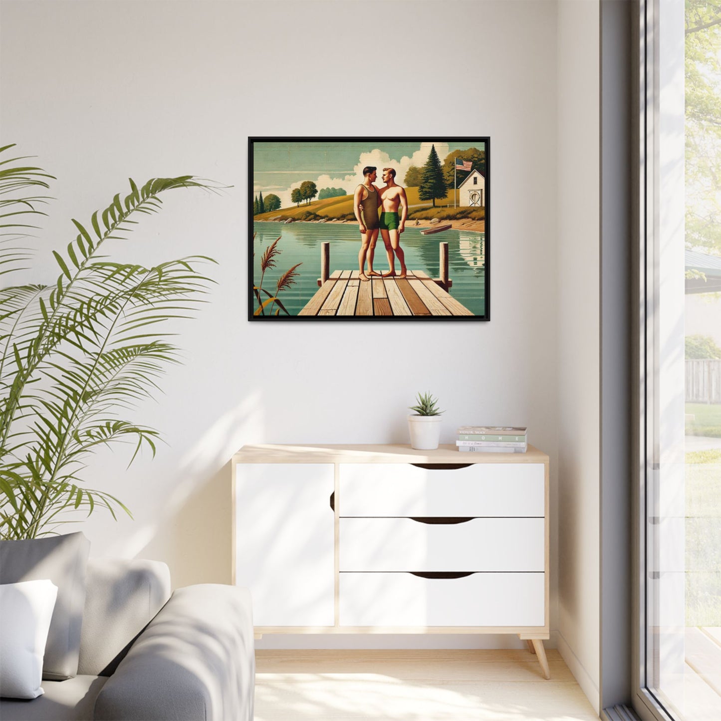 Framed artwork of a gay couple sharing a tender moment on a wooden dock by a peaceful lake, dressed in vintage swimwear. Set against rolling hills and a lakeside cabin, this nostalgic scene honors LGBTQ+ love in a serene Midwestern summer setting.