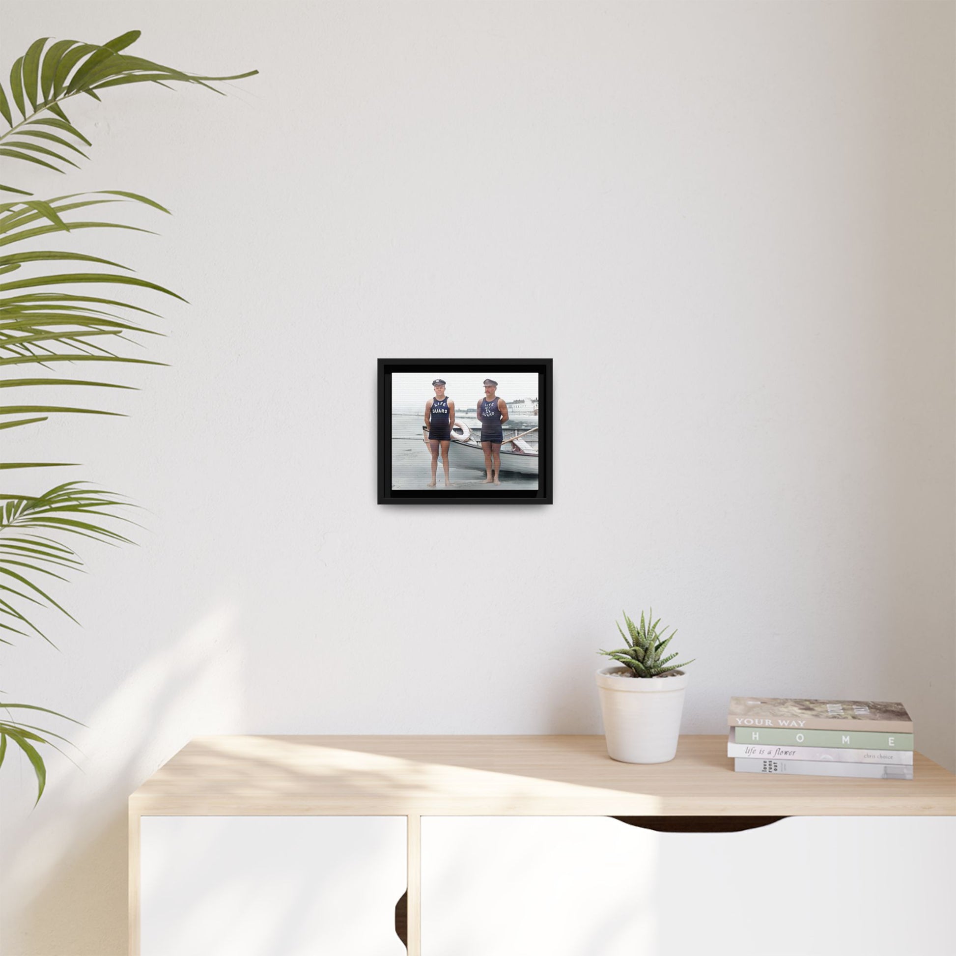 A nostalgic framed canvas print of vintage lifeguards in Cape May, NJ. This coastal artwork captures the charm of early 20th-century beach life, making it perfect for lovers of maritime history, seaside decor, and Americana enthusiasts.
