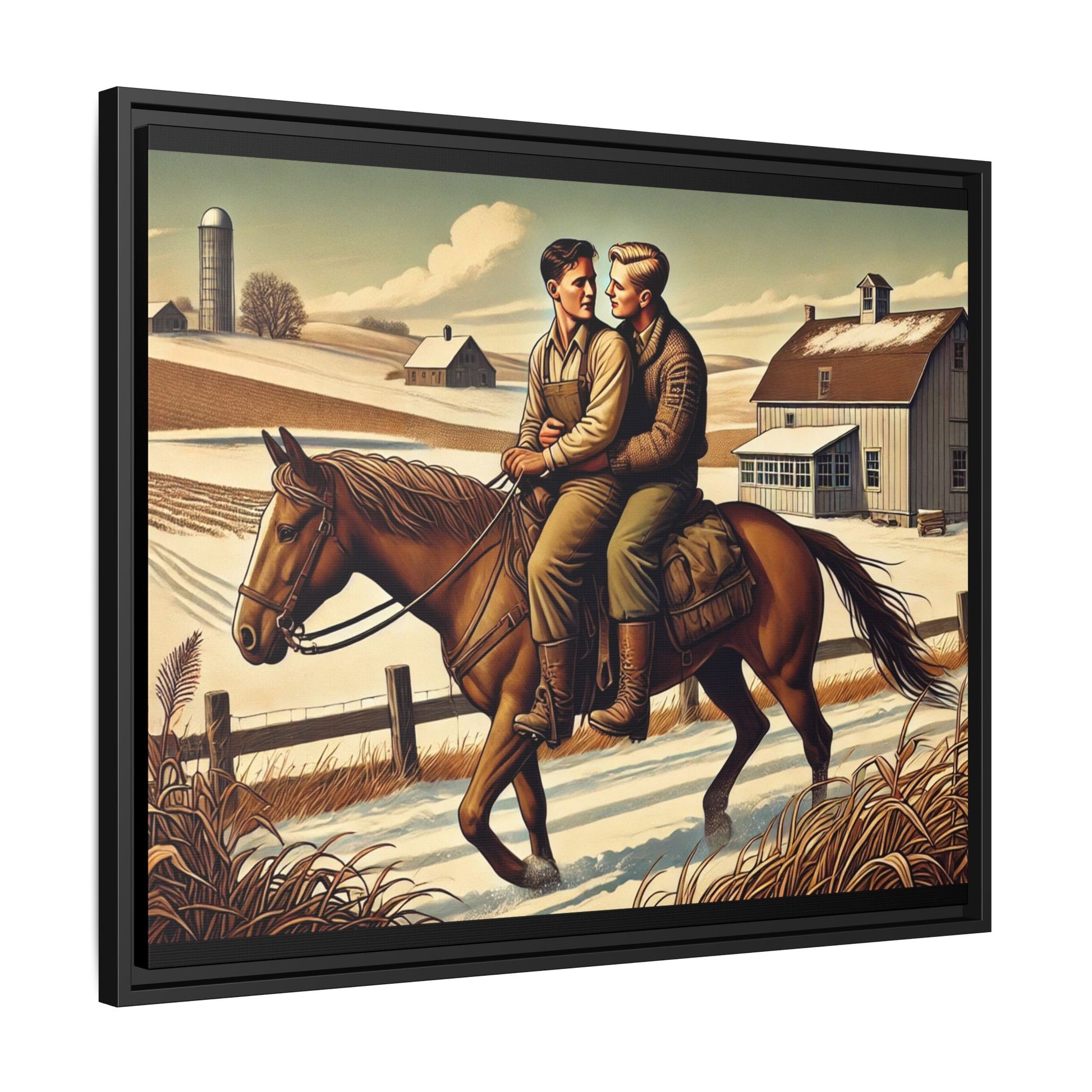 Artwork of a gay couple sharing a tender moment while seated together on a single horse in a snowy, rural Midwestern landscape. Dressed in early 20th-century attire, the men gaze at each other warmly, capturing love, resilience, and companionship in a serene 1930s-inspired American scene