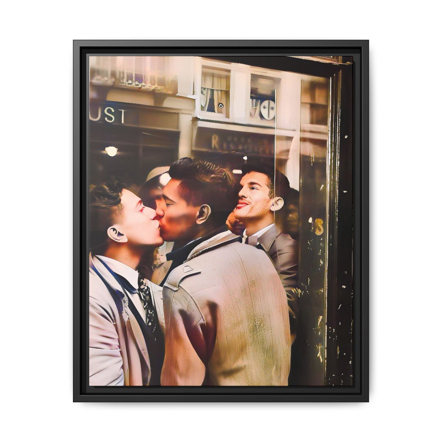 A restored 1950s LGBTQ+ couple portrait of Alejandro & Lorenzo at Mayfair Bar, NYC. A romantic queer history print on matte canvas, capturing love, resilience, and authenticity in a vibrant nightlife setting.
