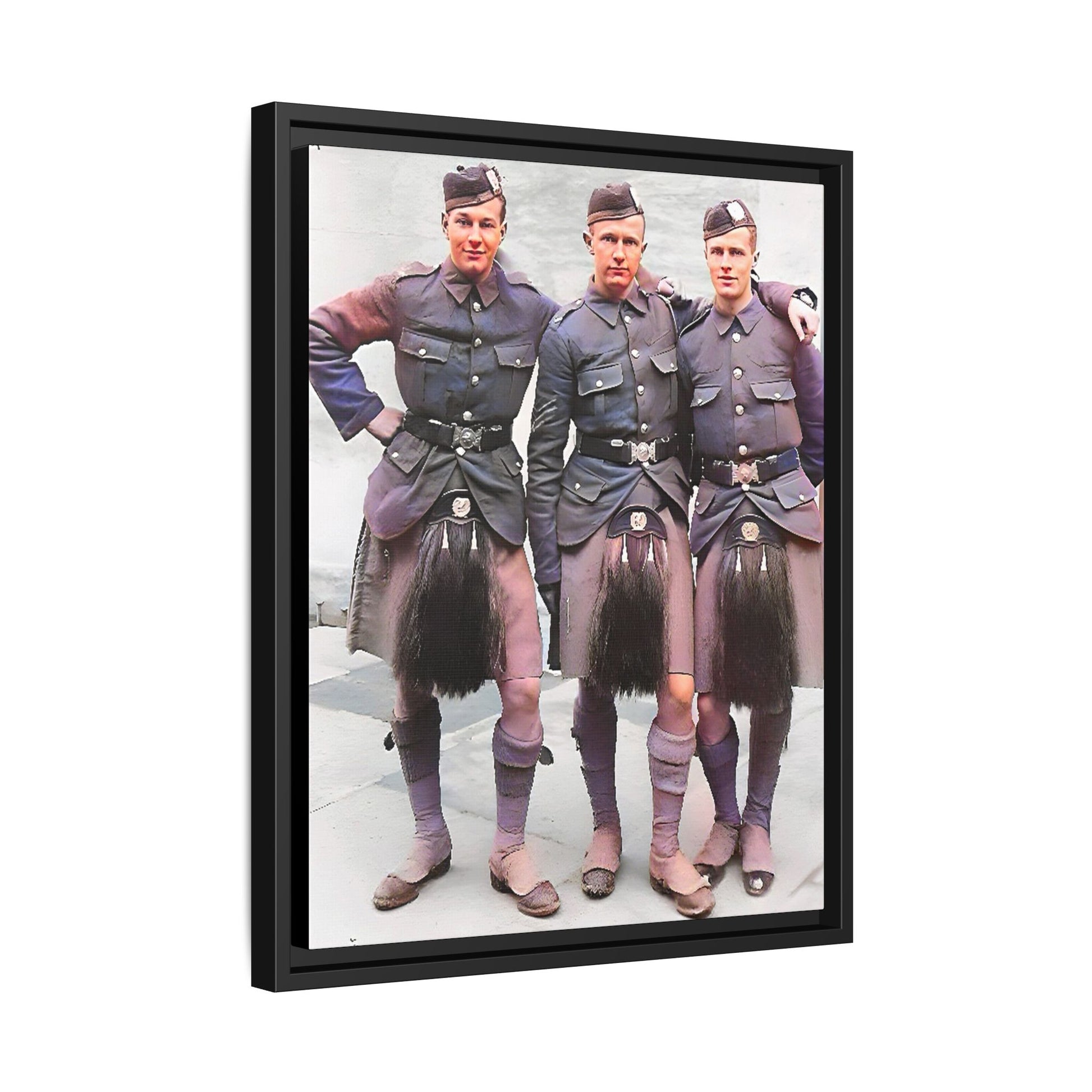 A restored vintage portrait of Gordon Highlanders in Glasgow, Scotland. This framed matte canvas honors Scottish military history, tradition, and unity.