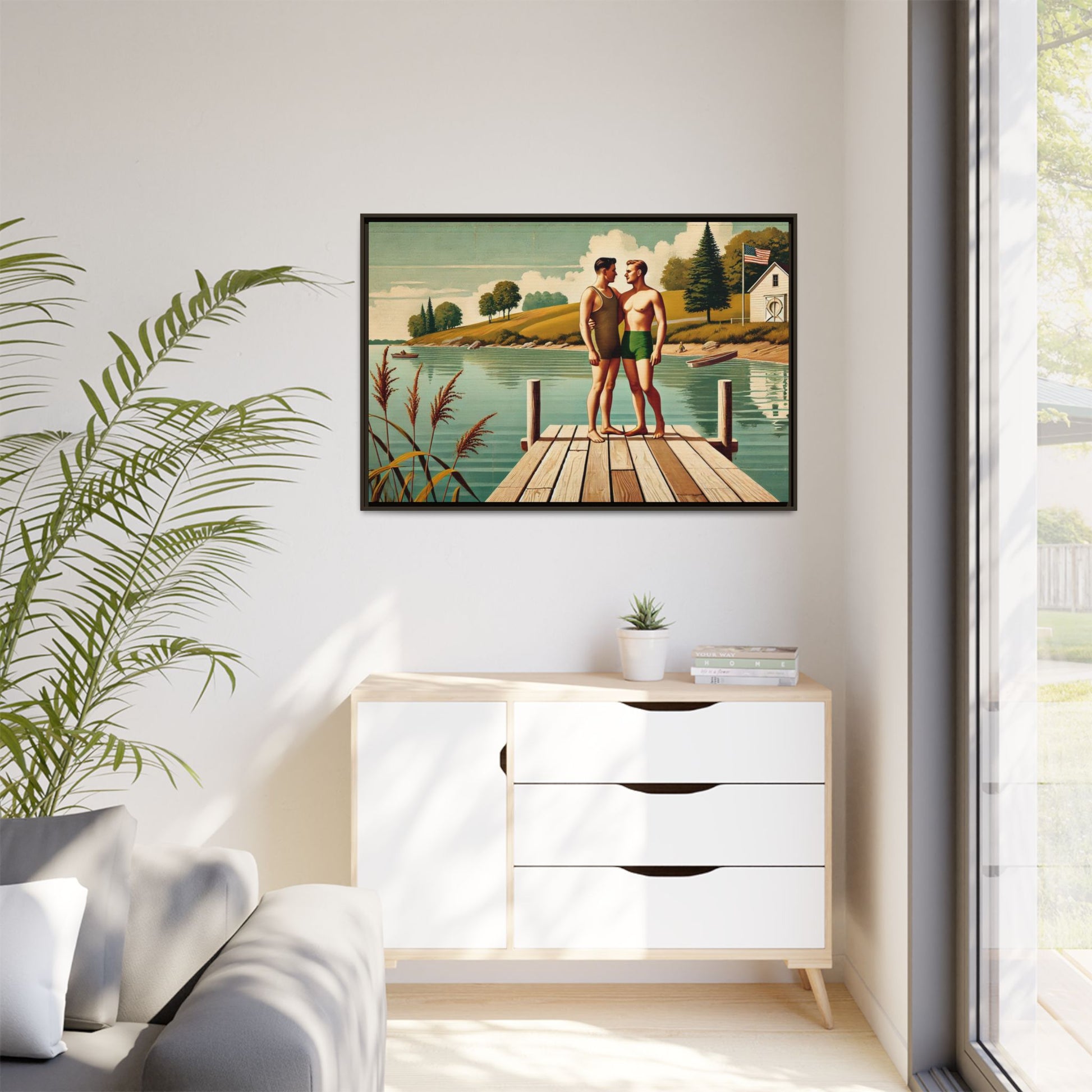 Framed artwork of a gay couple sharing a tender moment on a wooden dock by a peaceful lake, dressed in vintage swimwear. Set against rolling hills and a lakeside cabin, this nostalgic scene honors LGBTQ+ love in a serene Midwestern summer setting.