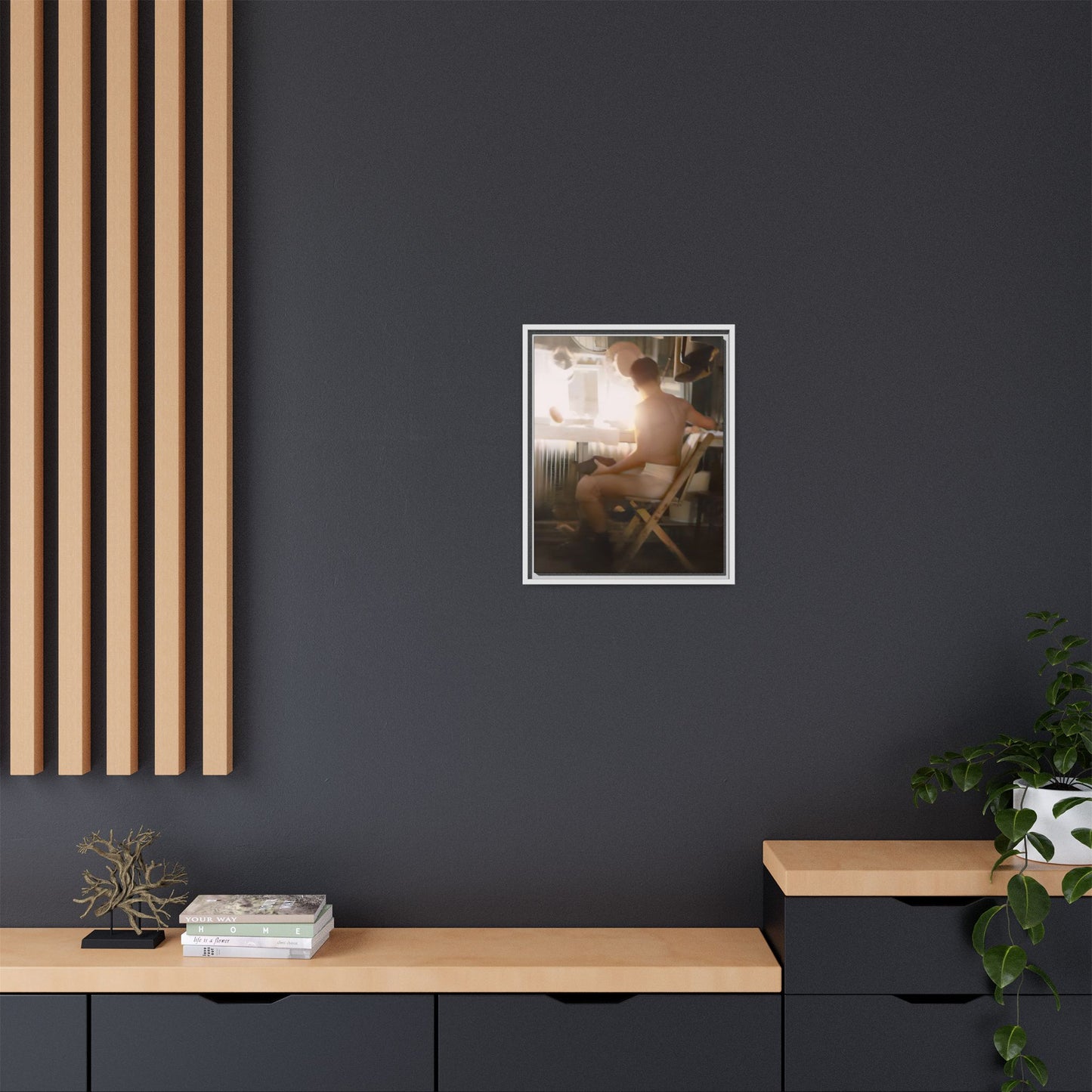 A vintage Hollywood portrait of Hugh in a backstage dressing room. This framed canvas print captures the elegance and mystique of old Hollywood, making it the perfect cinematic decor for film lovers and vintage photography collectors.