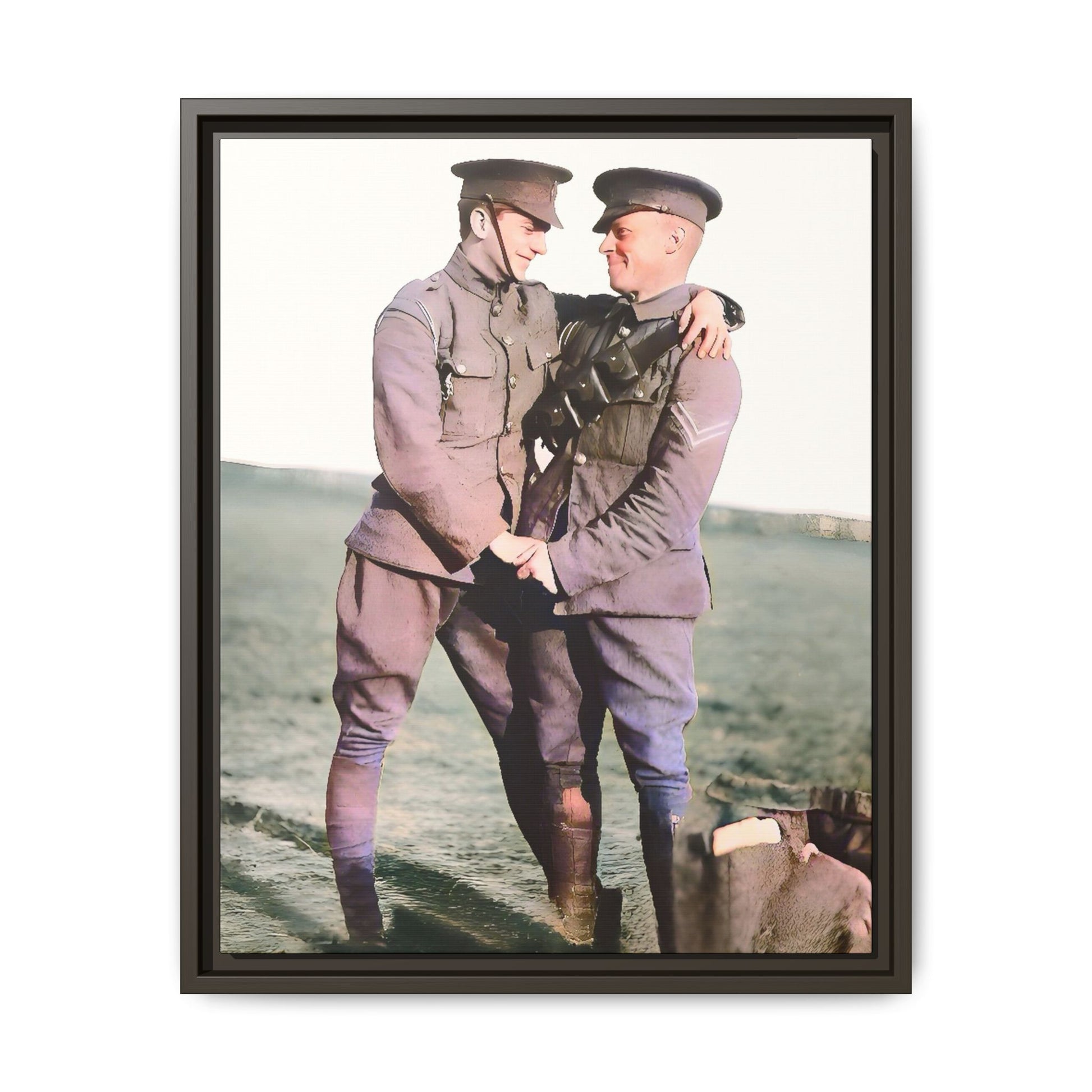 A restored vintage military portrait of Lee & Clifford, soldiers in the Battle of Amiens. This framed matte canvas honors LGBTQ+ history, resilience, and love in wartime.