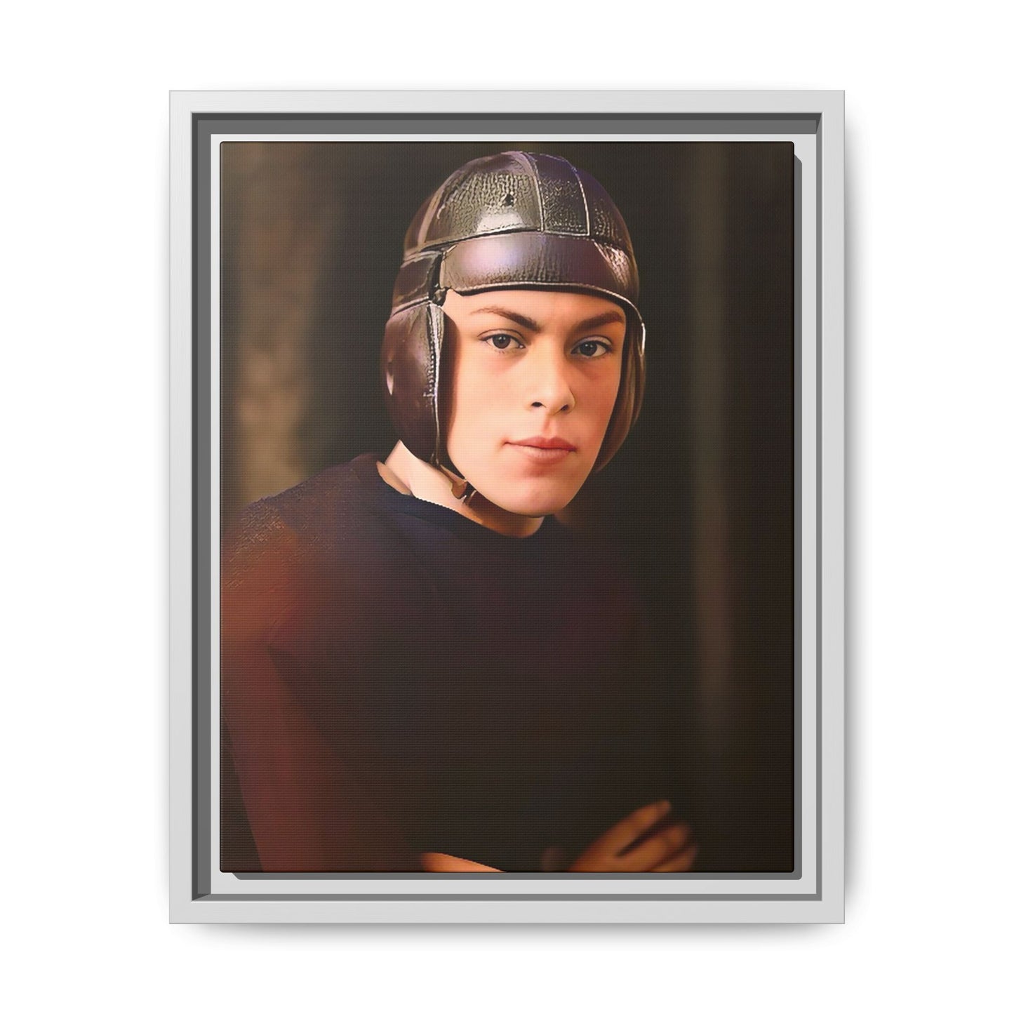 A vintage portrait of Andrew, a football player from Lincoln, Nebraska, in a classic leather helmet. This framed matte canvas print captures the grit and determination of early 20th-century sports, perfect for football fans and vintage art collectors.