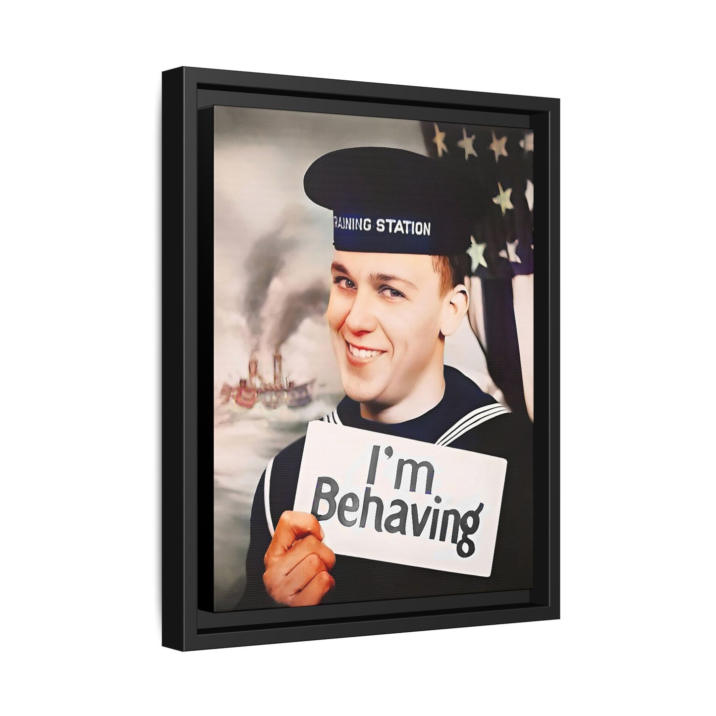 A vintage U.S. Navy sailor portrait featuring Carl at the Washington Navy Yard, grinning while holding a card reading "I'm Behaving." This framed matte canvas print is a charming mix of humor and military history, perfect for collectors and veterans.