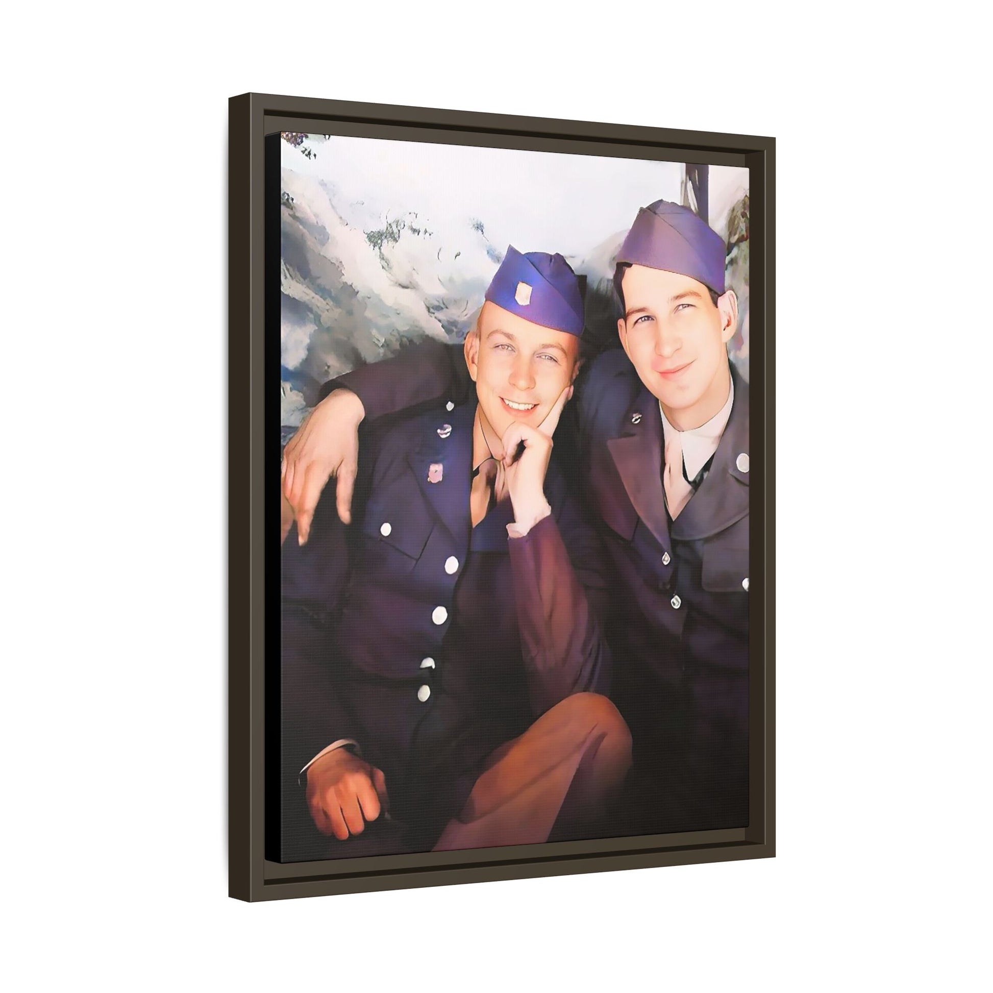 A restored vintage portrait of Willie & Louis at Metro-North Railroad in Harlem, New York. This framed matte canvas celebrates LGBTQ+ history, African American heritage, and timeless love. Gay Couple Love