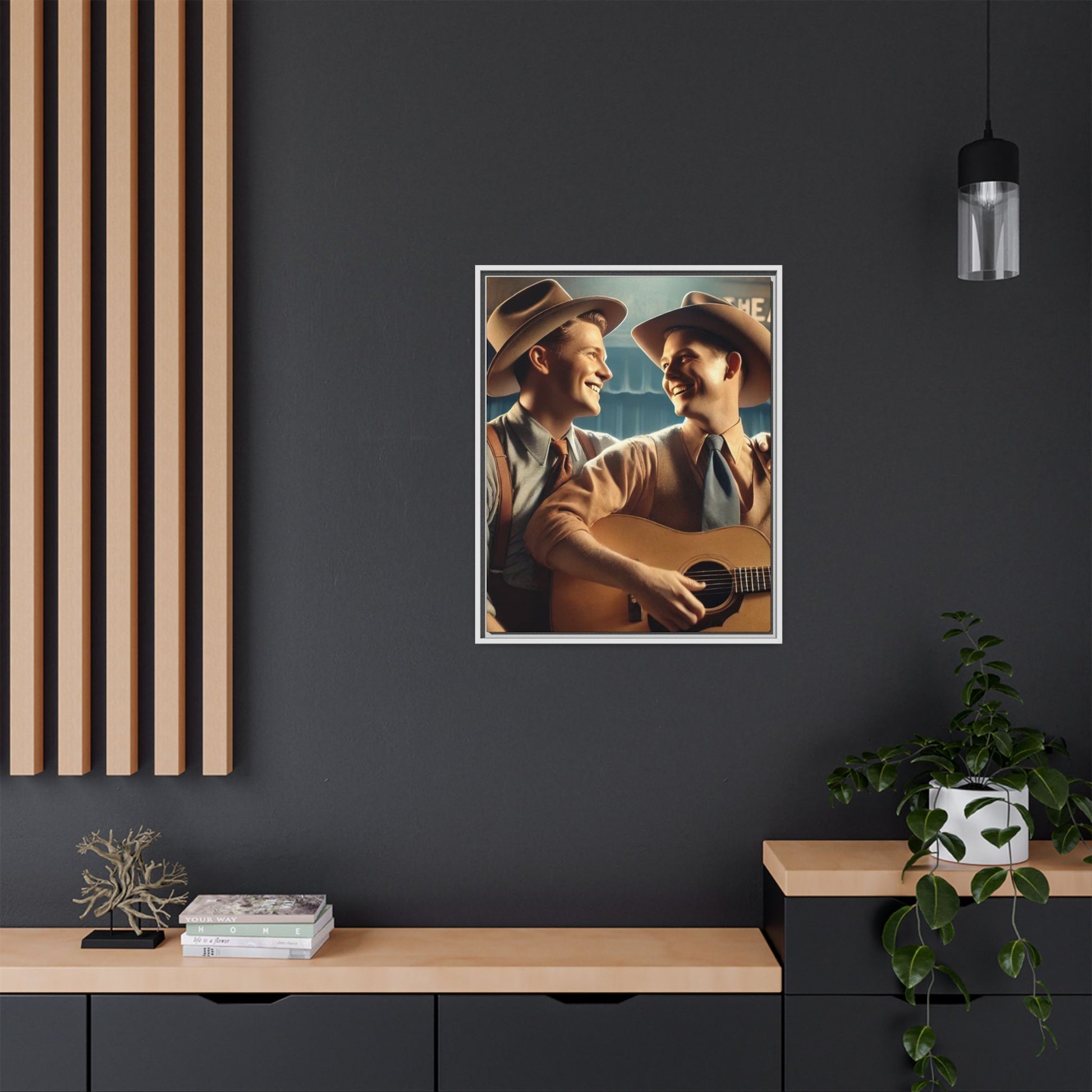 Artwork of a gay couple recording a country-western song in a 1930s-style studio. Dressed in classic Western attire with wide-brimmed hats and button-up shirts, the two men share an affectionate gaze, capturing love and unity in a nostalgic, vintage setting.