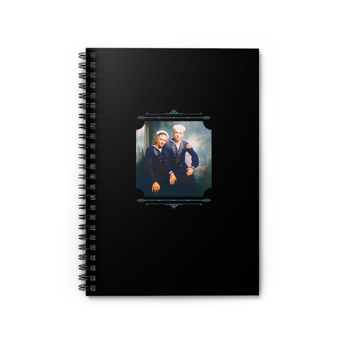 WWII-era spiral notebook featuring a restored vintage photo of two sailors in uniform sharing a joyful moment.