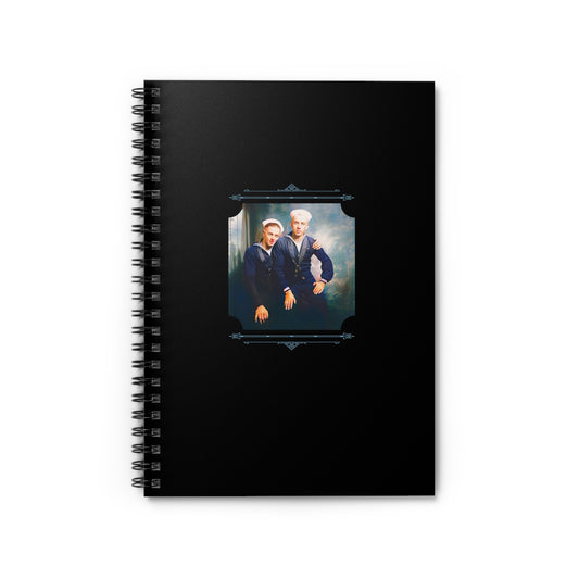 WWII-era spiral notebook featuring a restored vintage photo of two sailors in uniform sharing a joyful moment.