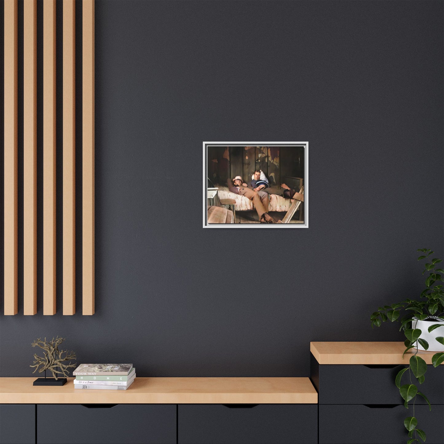 A vintage portrait of Henry & Joseph in a rustic Oregon cabin. This framed matte canvas captures LGBTQ+ history, love, and the beauty of a quiet, intimate moment, making it a timeless and meaningful addition to any collection or home. Gay Couple in bed.