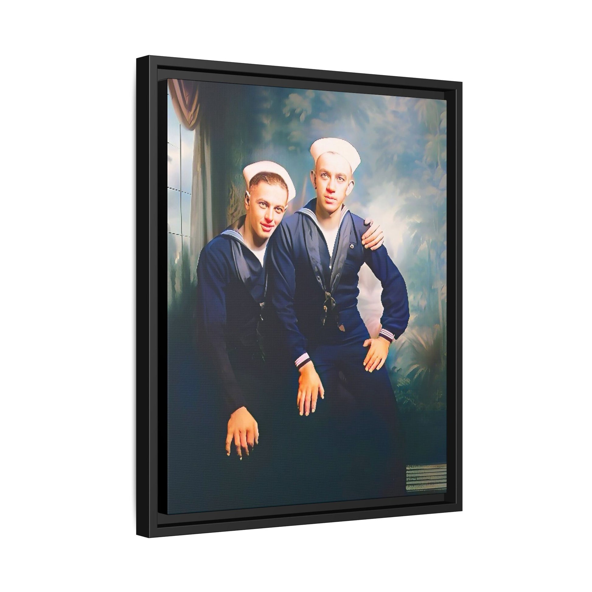 A restored vintage naval portrait of Thomas & Ervin at Naval Station Newport, Rhode Island. This framed matte canvas honors LGBTQ+ history, military service, and timeless camaraderie. Gay Couple