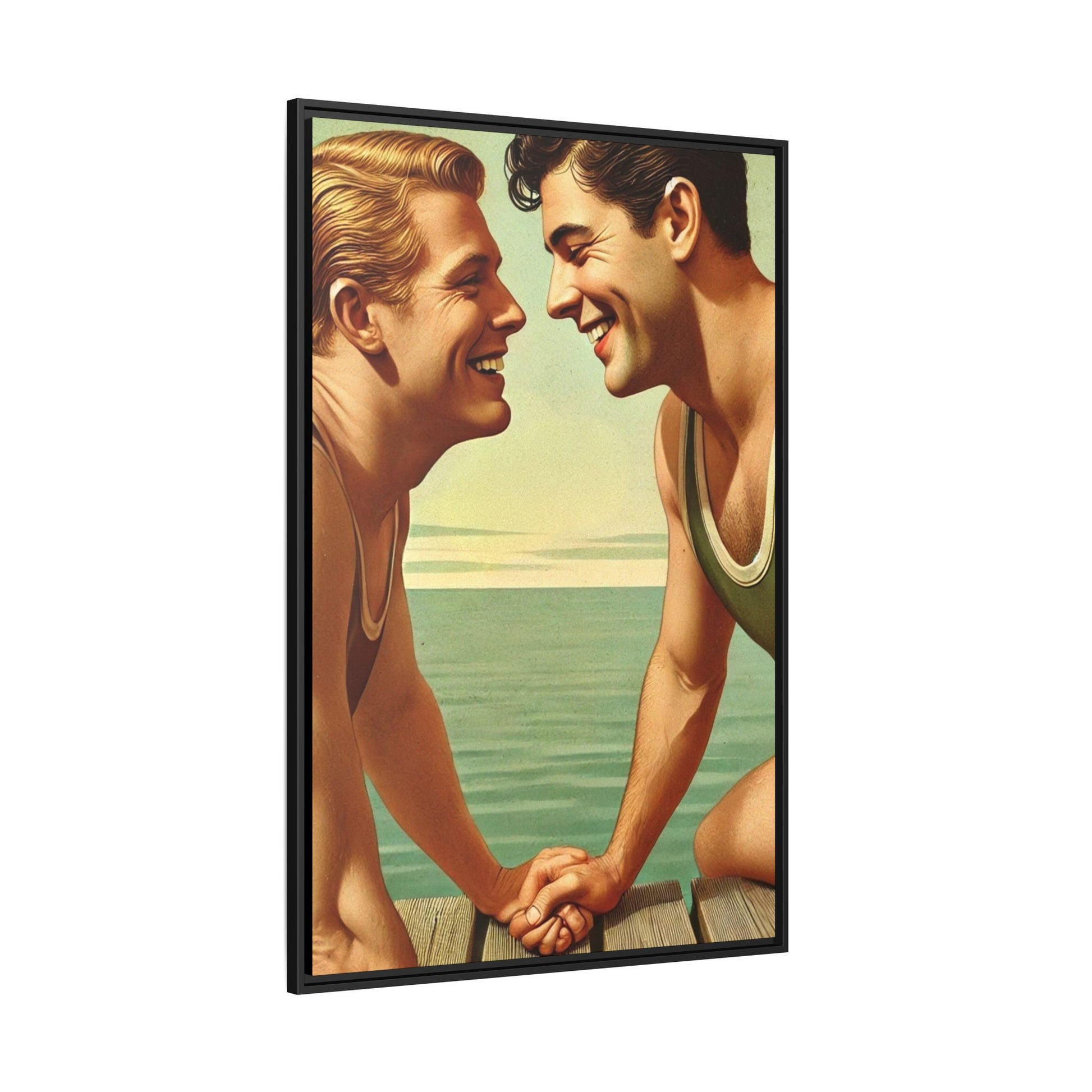 Vintage-style artwork of a joyful 1930s moment between a gay couple by the lake, dressed in classic swimwear and sharing warm smiles. Set on a serene wooden dock, this piece captures love, companionship, and LGBTQ+ history in an idyllic, nostalgic summer setting.