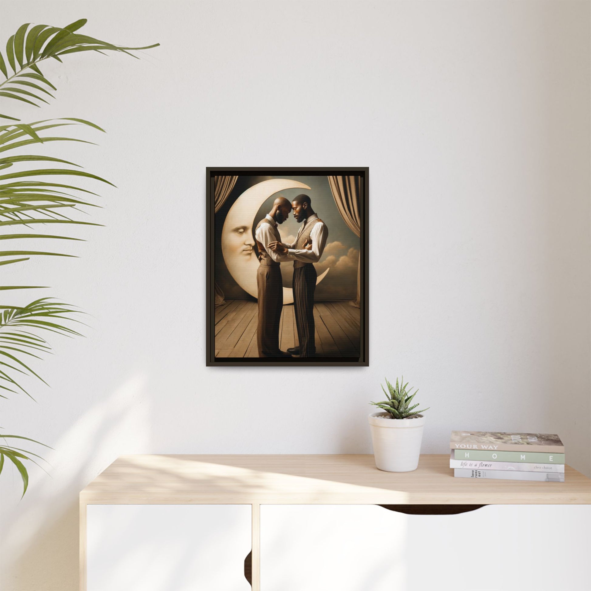 Two Black men in vintage 1920s clothing stand forehead to forehead, embraced beneath a glowing crescent moon. A theatrical scene honoring queer love, memory, and history, reclaiming moments that were never captured due to cultural bias.