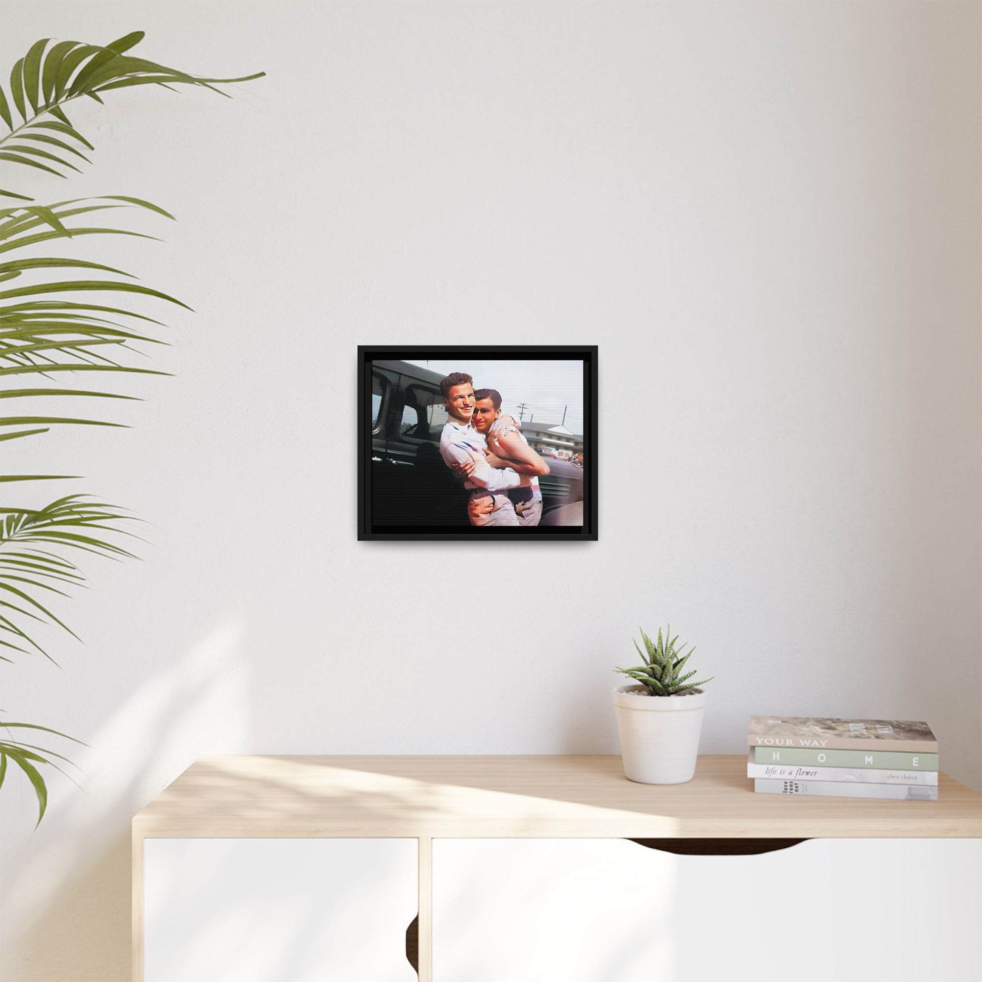 A framed vintage love portrait on matte canvas featuring Henry and Raymond in Peoria, Illinois, capturing timeless LGBTQ+ connection and joy. Gay Couple