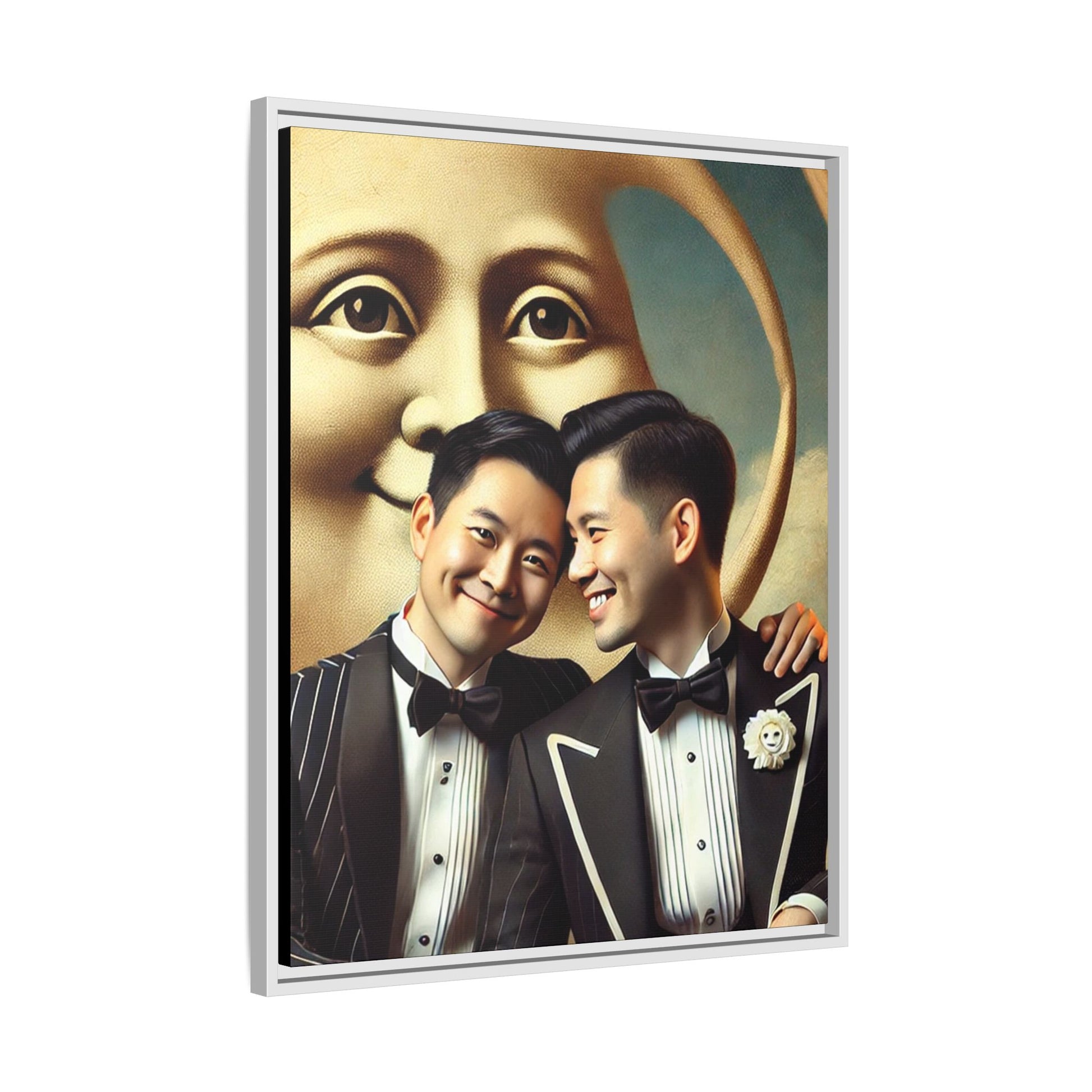 Framed matte canvas featuring a joyful queer Asian couple in tuxedos standing beneath a crescent moon. This artwork, part of the Missing Art Studies series, reimagines erased queer histories with warmth, dignity, and vintage-inspired style.