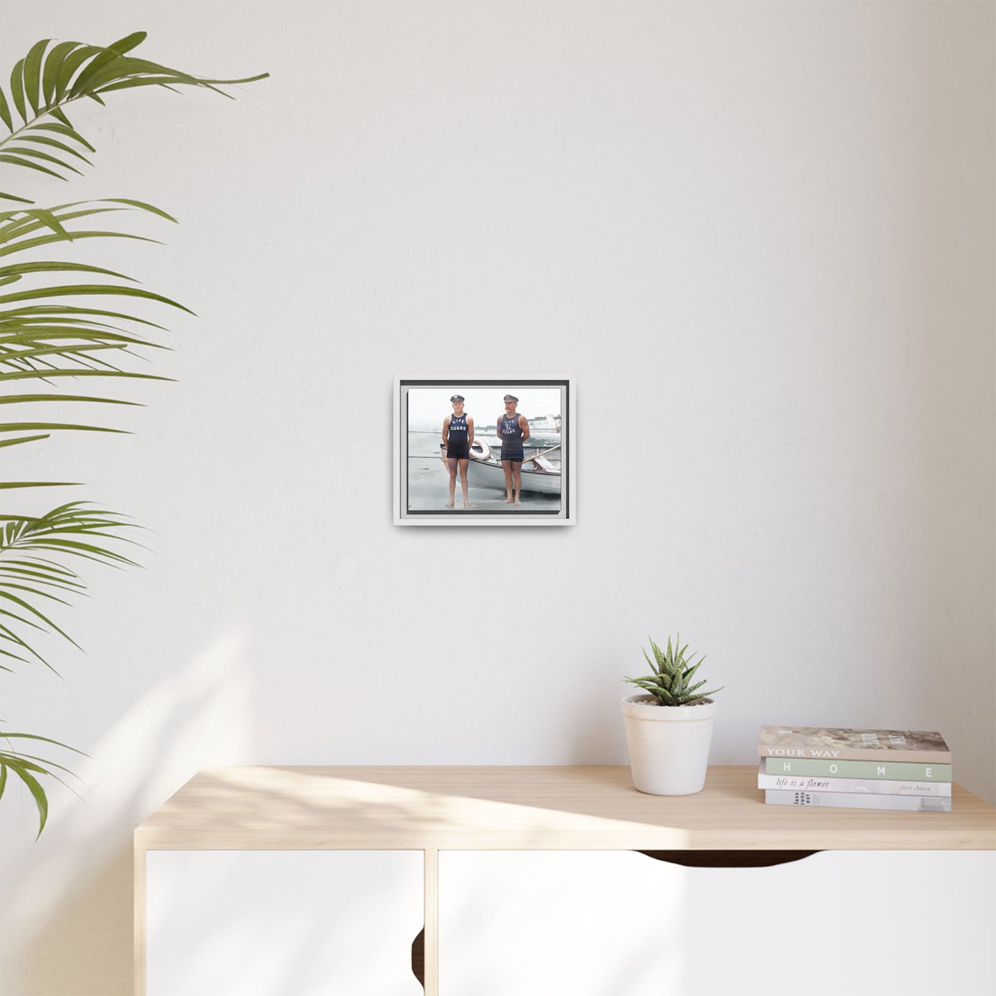 A nostalgic framed canvas print of vintage lifeguards in Cape May, NJ. This coastal artwork captures the charm of early 20th-century beach life, making it perfect for lovers of maritime history, seaside decor, and Americana enthusiasts.