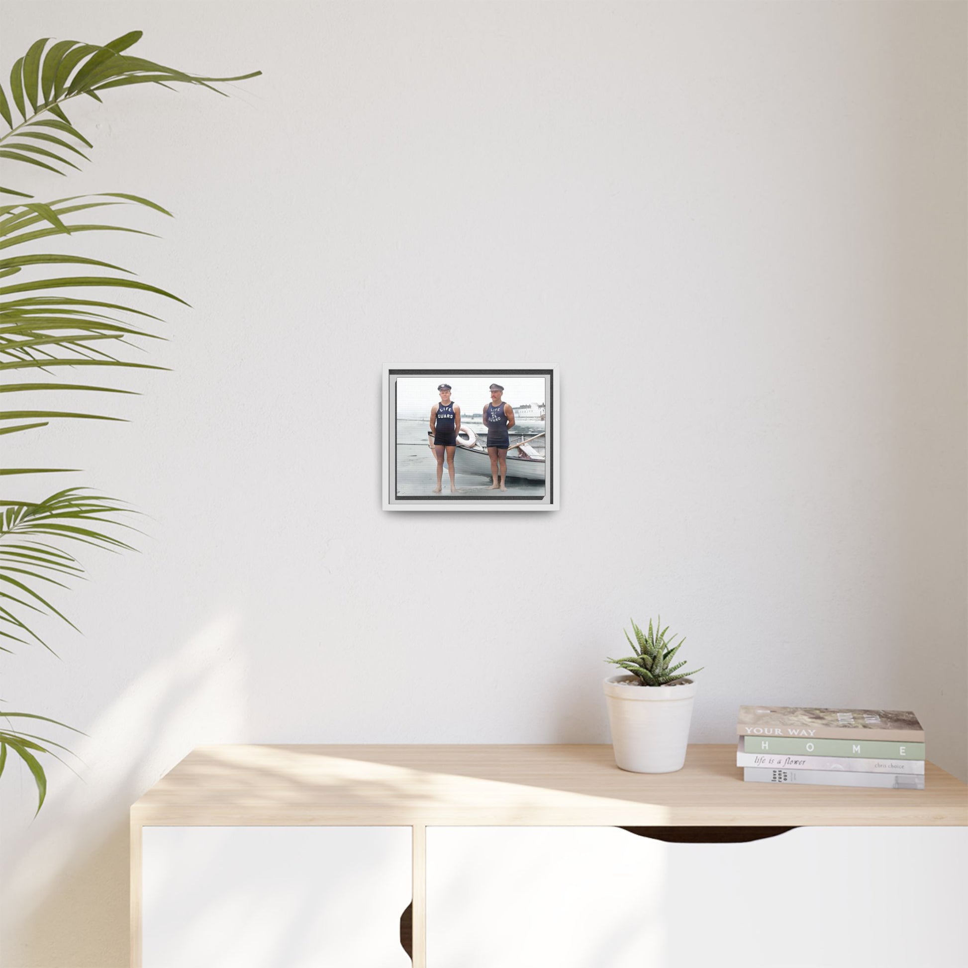 A nostalgic framed canvas print of vintage lifeguards in Cape May, NJ. This coastal artwork captures the charm of early 20th-century beach life, making it perfect for lovers of maritime history, seaside decor, and Americana enthusiasts.