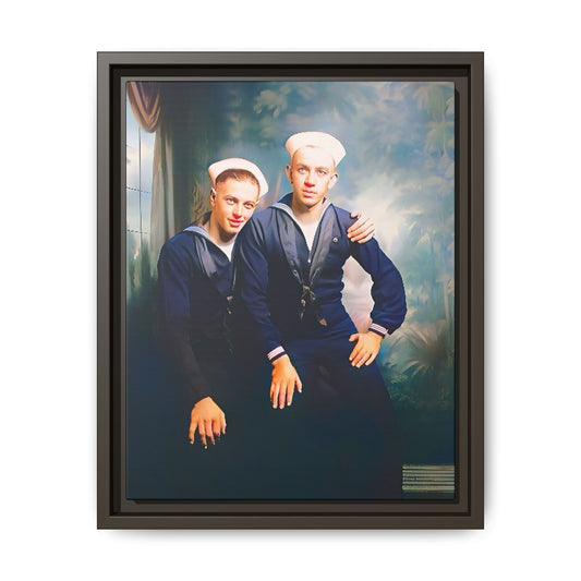 A restored vintage naval portrait of Thomas & Ervin at Naval Station Newport, Rhode Island. This framed matte canvas honors LGBTQ+ history, military service, and timeless camaraderie. Gay Couple