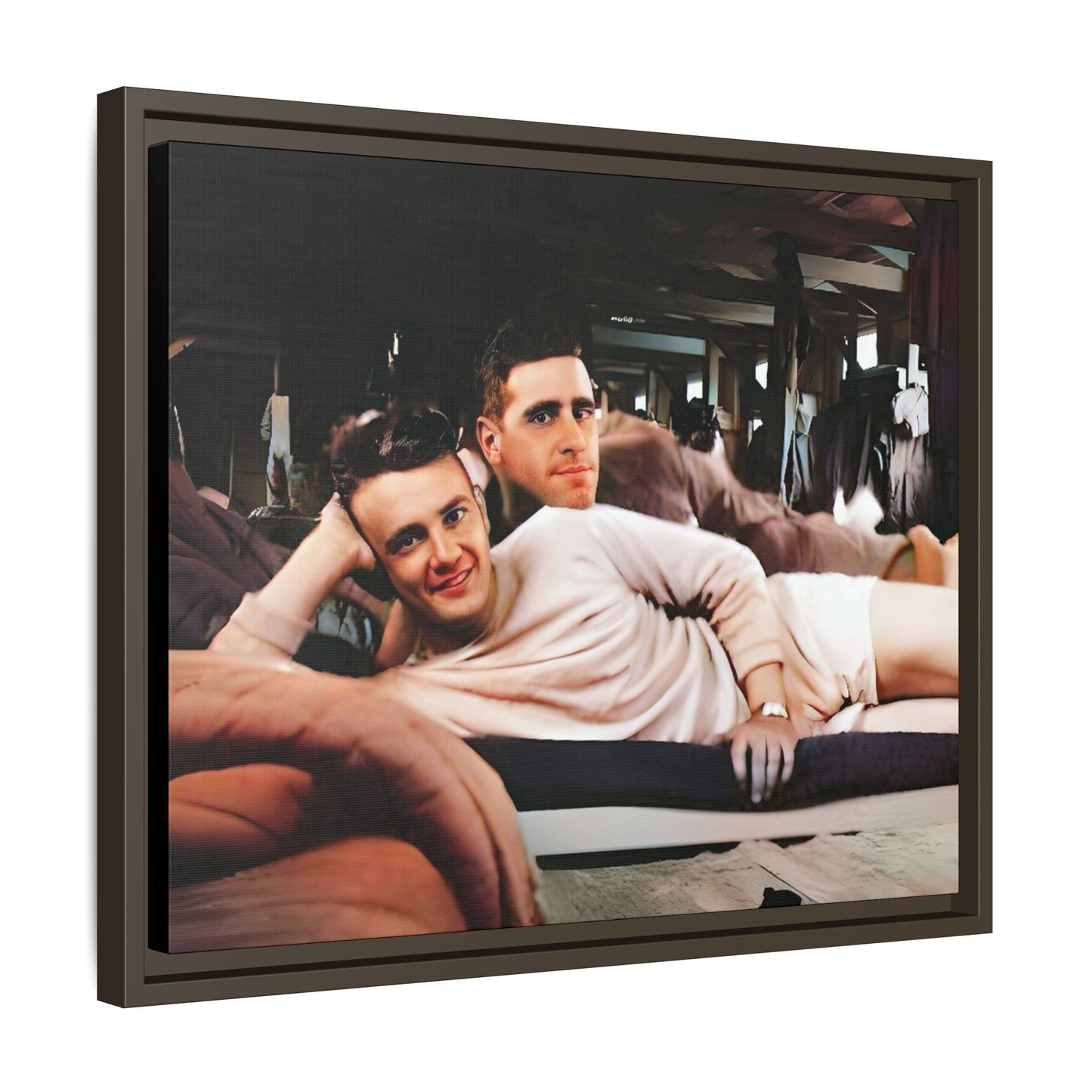 Jules & Seymour - At Ease Together | Vintage 1940s Gay Couple Photo | Restored Framed Matte Canvas Art | Camp Campbell KY Gay Couple