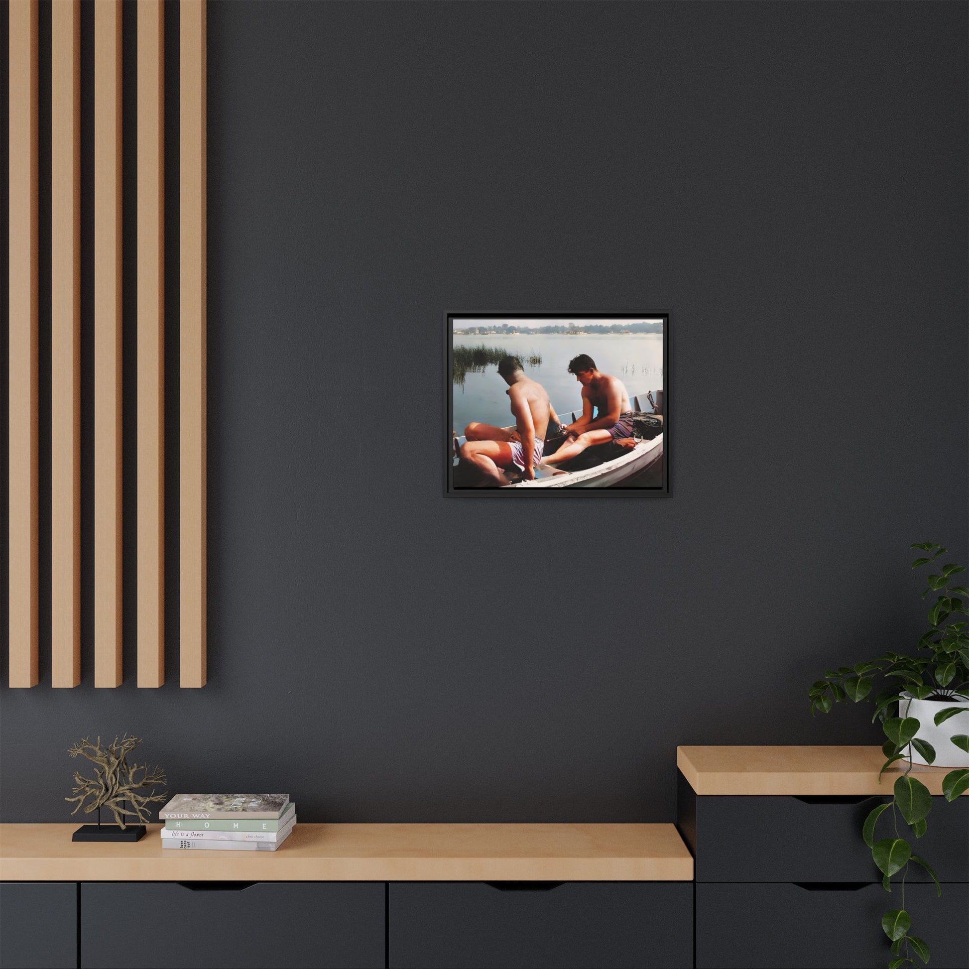 A restored vintage photo of Ned & Marty in a boat at Cape May, New Jersey. This framed matte canvas captures a serene LGBTQ+ love story, offering a nostalgic and timeless nautical scene perfect for collectors and history enthusiasts. Gay Couple