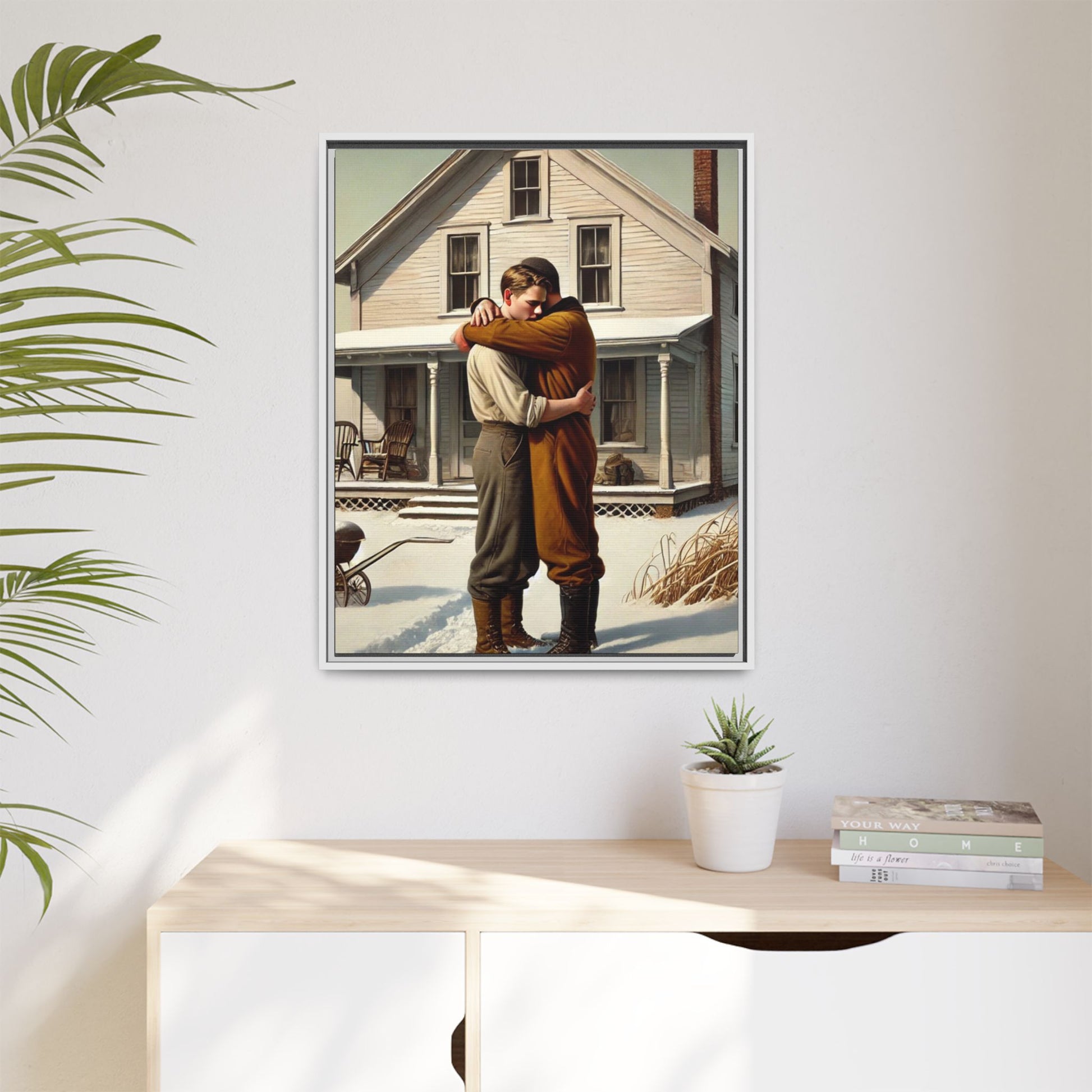 Artwork of a tender moment between a gay couple embracing outside a farmhouse in a snowy, rural landscape. Dressed in vintage attire, the two men find warmth and comfort in each other’s arms, capturing love and connection in a serene, Americana winter setting