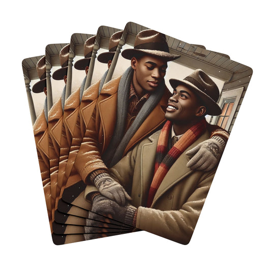 Vintage-inspired poker deck featuring two African American men embracing on a snow-covered porch, celebrating queer love and history