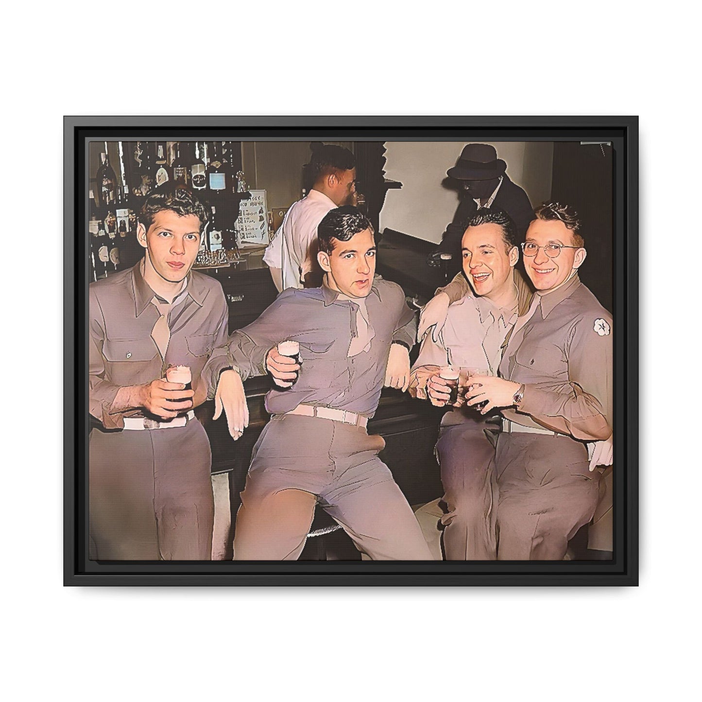 Restored vintage photograph of soldiers in uniform gathered at Jackson's gay bar in mid-20th century San Francisco. Framed matte canvas print celebrating camaraderie, resilience, and LGBTQ+ history
