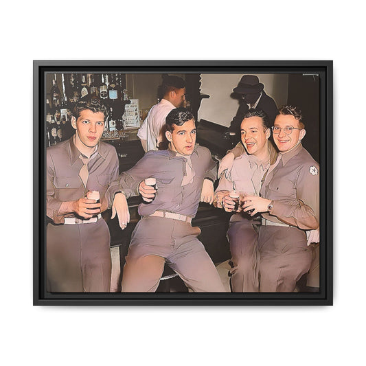 Restored vintage photograph of soldiers in uniform gathered at Jackson's gay bar in mid-20th century San Francisco. Framed matte canvas print celebrating camaraderie, resilience, and LGBTQ+ history