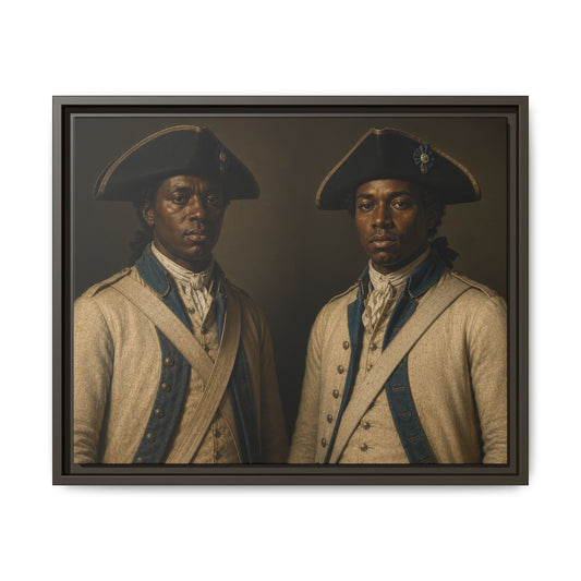 Formal portrait of two Black soldiers of the French Expédition Particulière wearing white uniforms and cocked hats during the Revolutionary War.