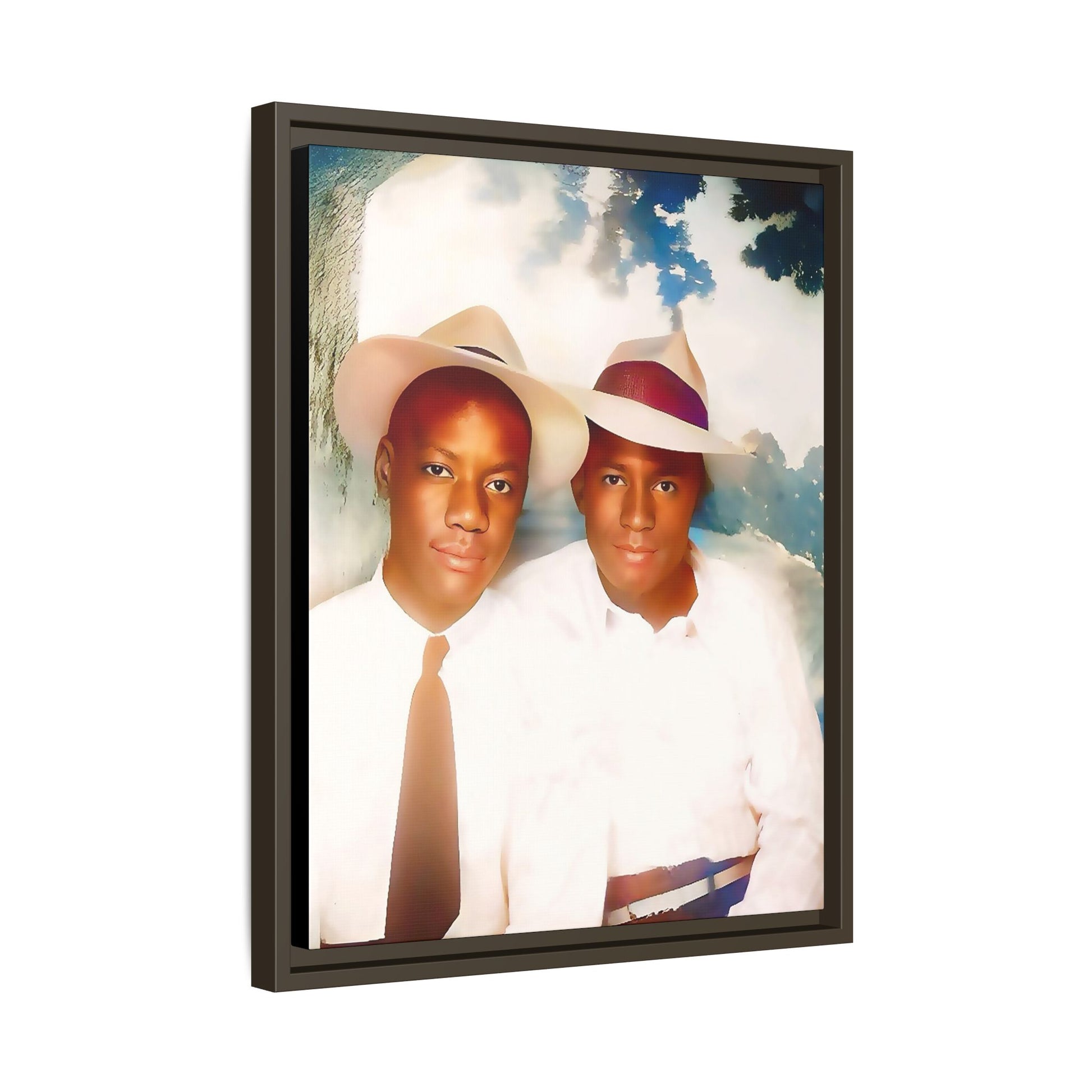 A restored vintage portrait of Bryson & Damien in Taylor, Mississippi. This framed matte canvas celebrates LGBTQ+ history, Southern charm, and timeless love. African American Gay Couple