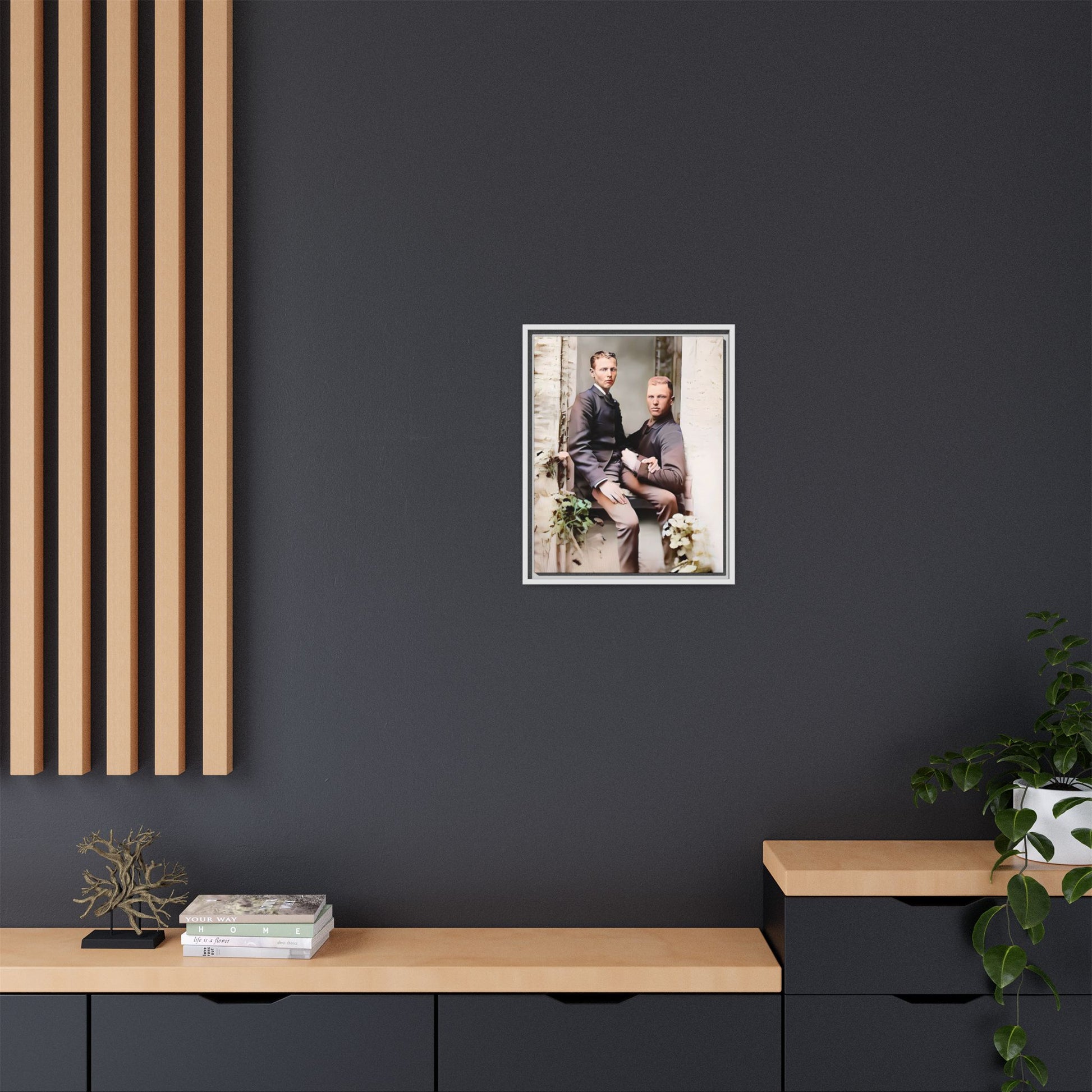 Restored vintage photo of Albert & Harold in tender embrace, Austin TX gay couple, framed art