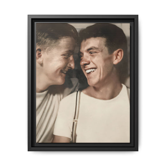 Mid-century photobooth double portrait framed canvas wall art featuring two smiling young men in close-up