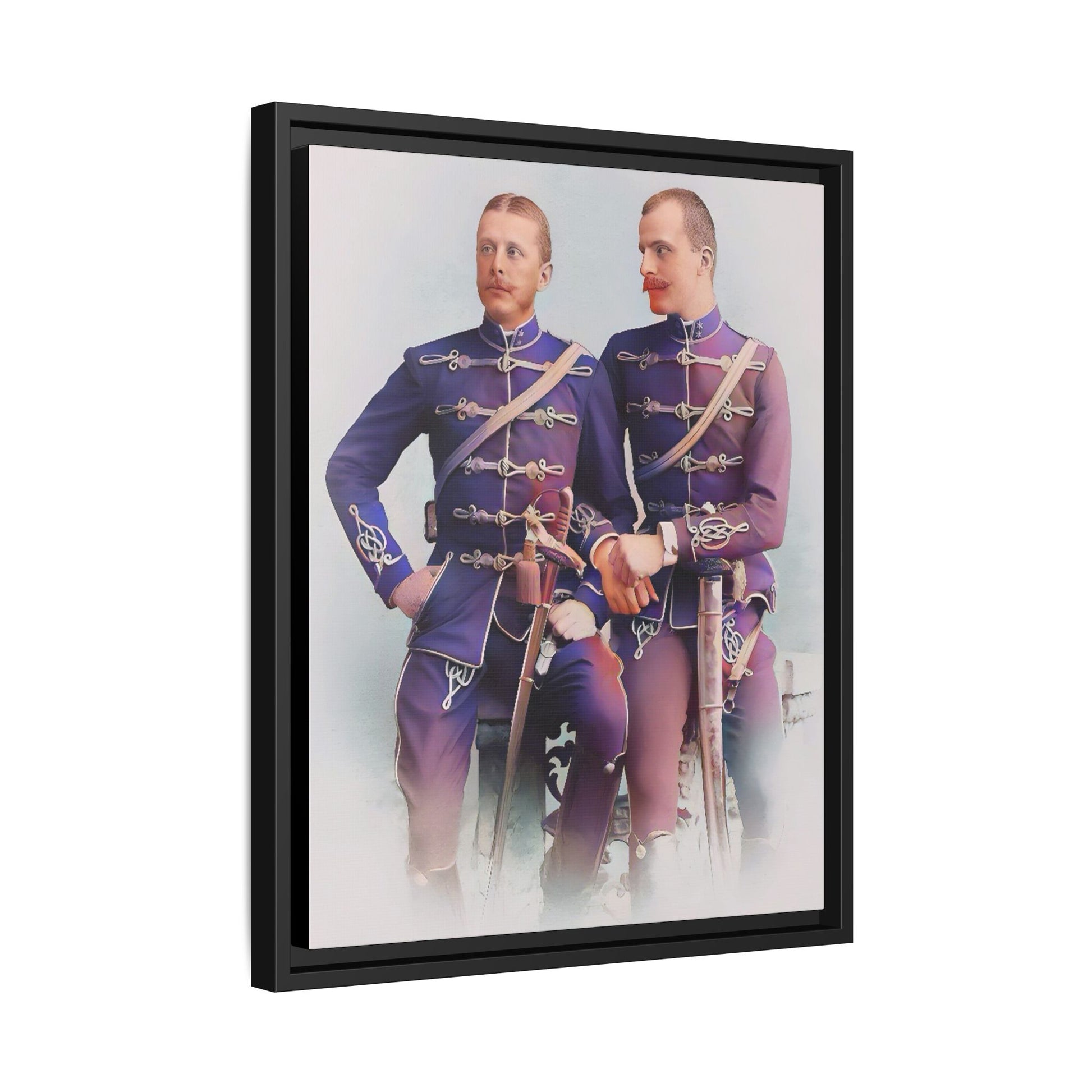 A restored vintage military portrait of Nicolae & Valeriu, elegantly framed to honor LGBTQ+ history and love.