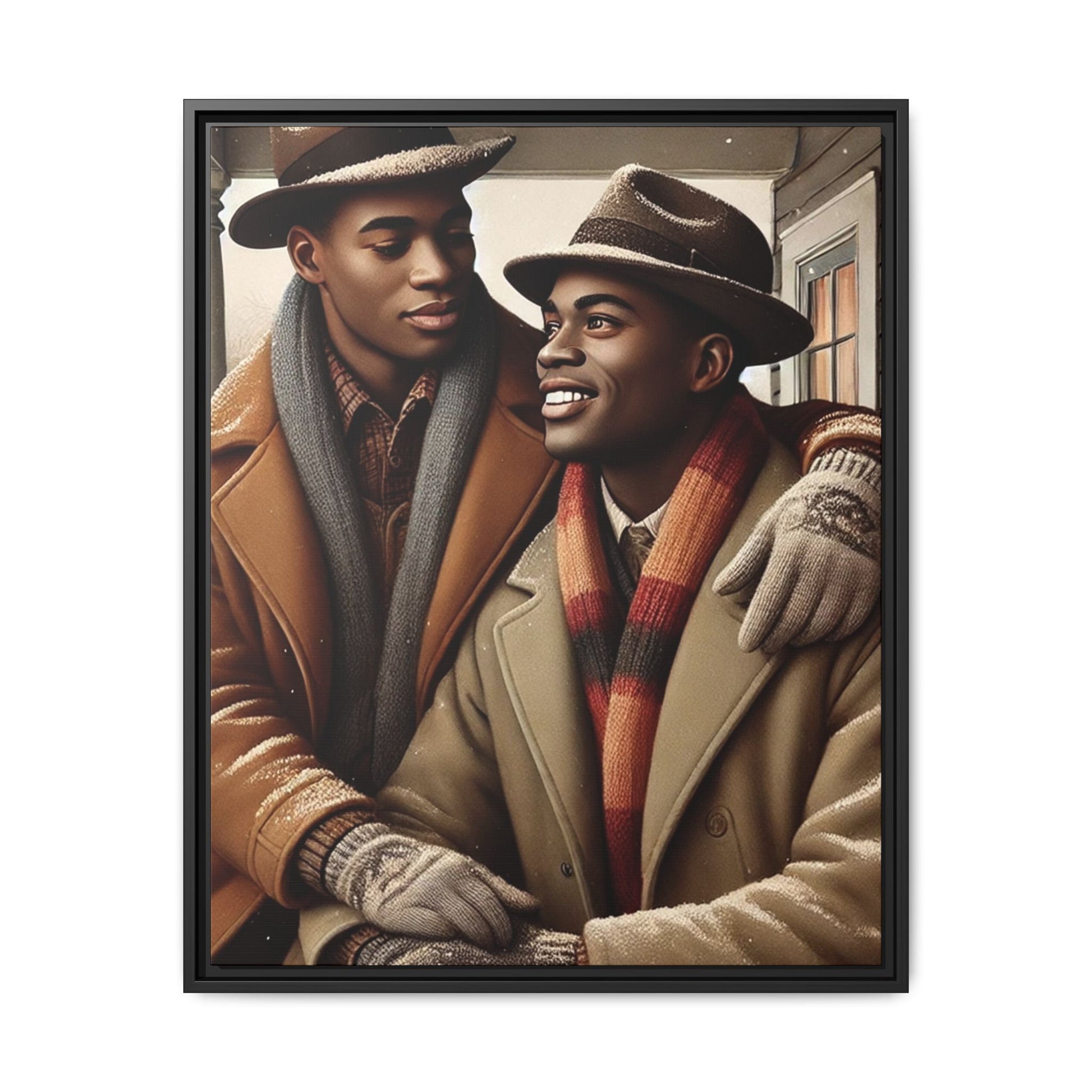 Artwork of an African-American queer couple sharing a cozy winter moment on a porch. Dressed in vintage winter attire with fedoras, scarves, and warm coats, they exchange affectionate gazes amidst softly falling snow, capturing love, warmth, and intimacy in a nostalgic winter setting.