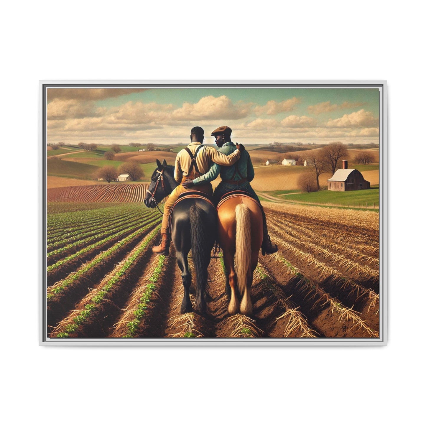 Artwork of an African-American gay couple riding horseback through expansive farmland, sharing a tender moment as they overlook lush fields. Dressed in rugged vintage attire, this scene captures resilience, love, and the charm of rural life, celebrating LGBTQ+ history and African-American heritage.