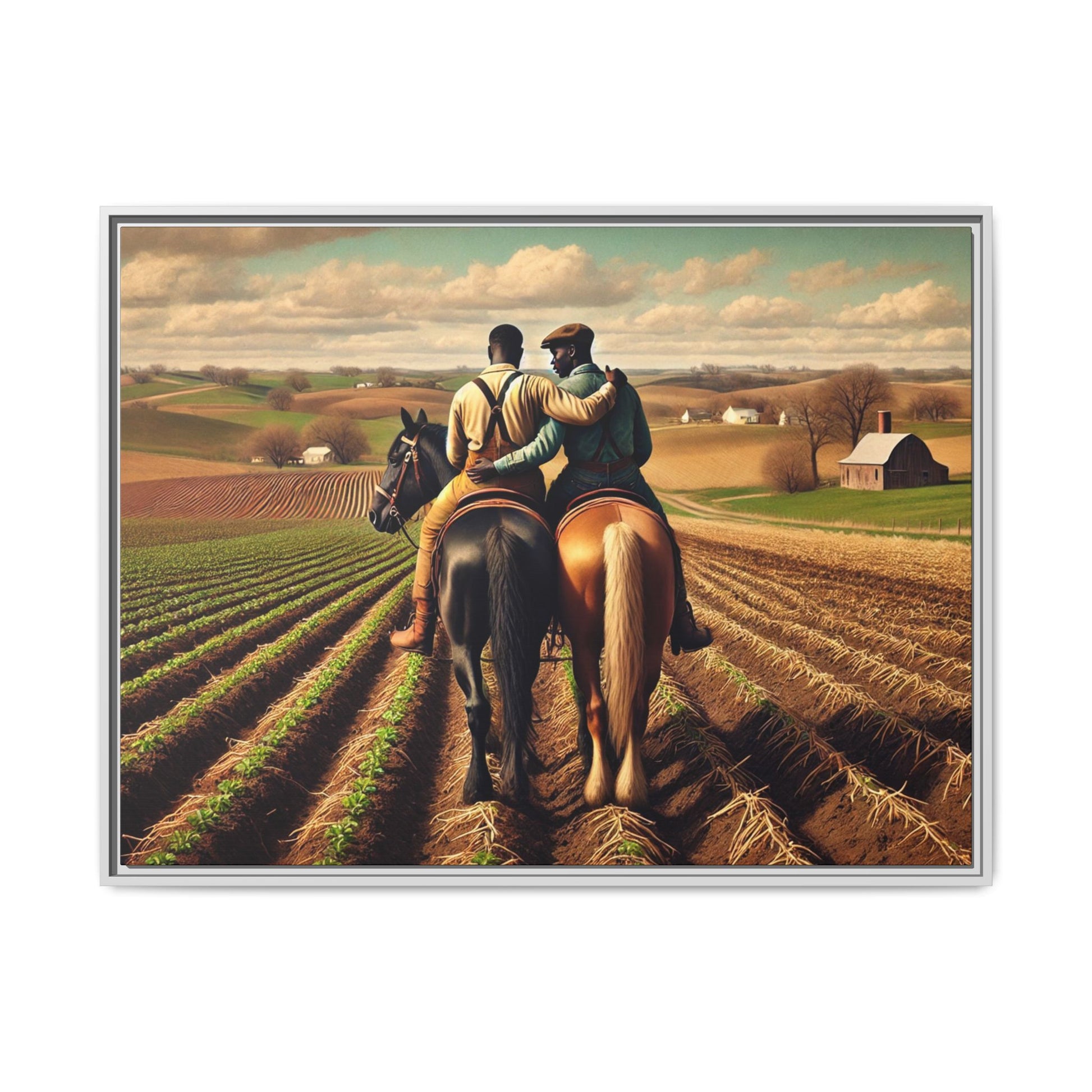 Artwork of an African-American gay couple riding horseback through expansive farmland, sharing a tender moment as they overlook lush fields. Dressed in rugged vintage attire, this scene captures resilience, love, and the charm of rural life, celebrating LGBTQ+ history and African-American heritage.