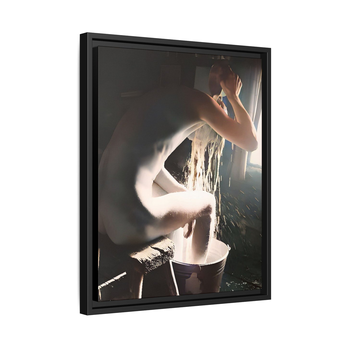 Restored early 20th-century photo of Roy during a rustic bathing ritual in Rock Springs, Wyoming, framed as wall décor celebrating simplicity and renewal.