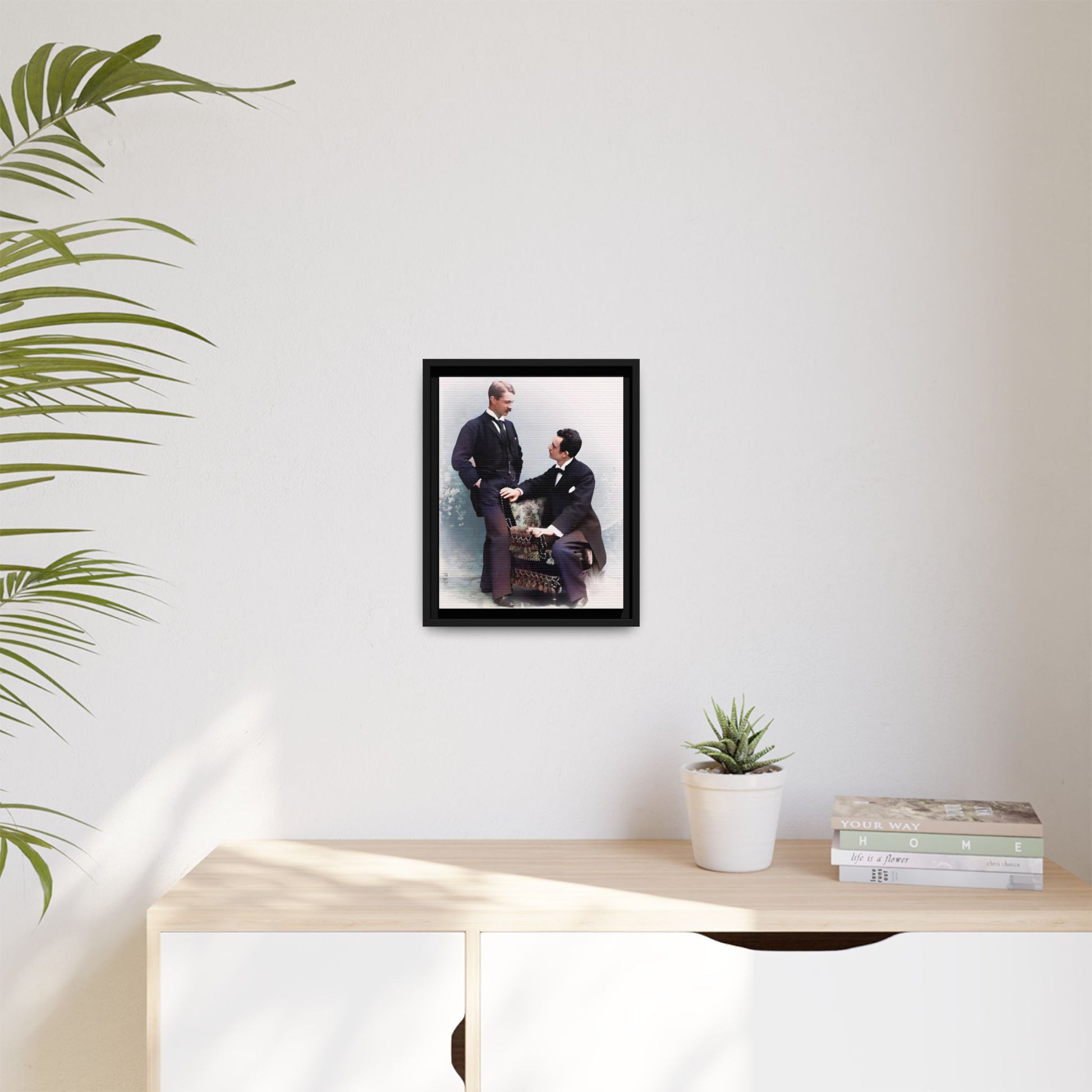 A beautifully restored vintage portrait of Ernest & Richard in Wilmington, North Carolina, exuding elegance and deep connection. Dressed in refined suits, their poised expressions capture a timeless LGBTQ+ love story, making this framed matte canvas print a stunning historical art piece for collectors and enthusiasts.