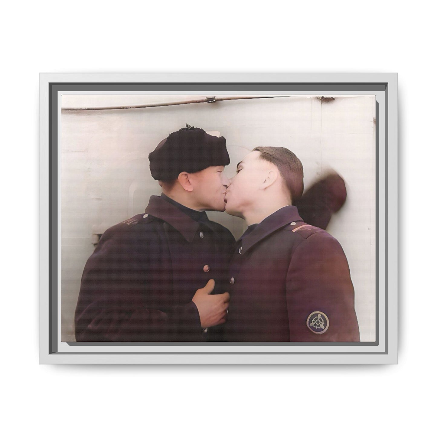 A restored vintage photograph of two Russian soldiers in uniform sharing an intimate moment at a military outpost in Surgut, Russia. Their embrace reflects resilience, love, and defiance against societal norms, making this a powerful tribute to LGBTQ+ history and wartime romance. Винтажное фото | гей-пара