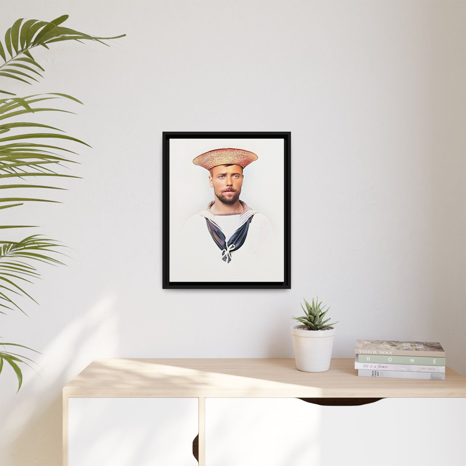 A restored vintage portrait of Elijah, a British sailor in Weihaiwei, China. This framed matte canvas honors naval history, tradition, and duty.
