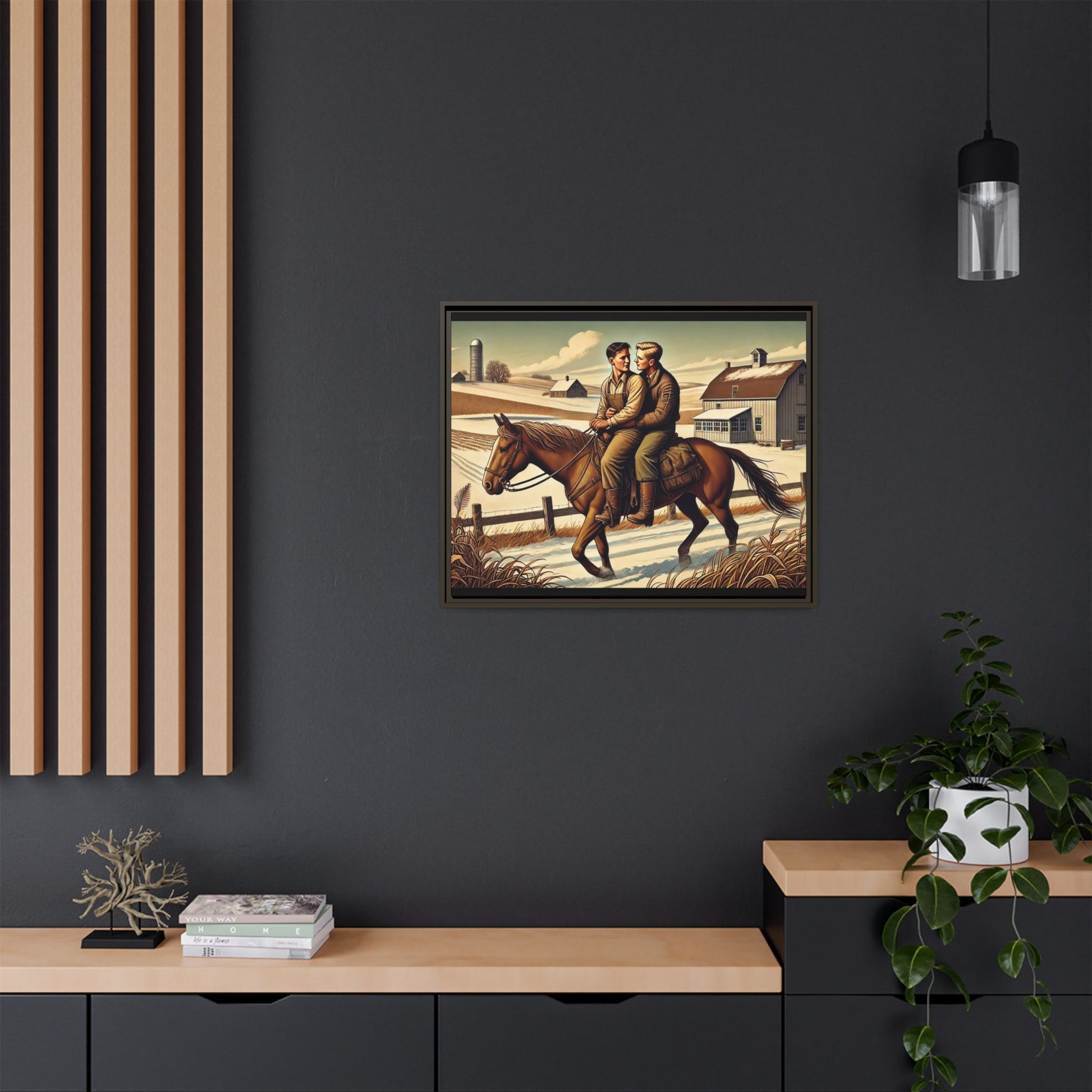 Artwork of a gay couple sharing a tender moment while seated together on a single horse in a snowy, rural Midwestern landscape. Dressed in early 20th-century attire, the men gaze at each other warmly, capturing love, resilience, and companionship in a serene 1930s-inspired American scene